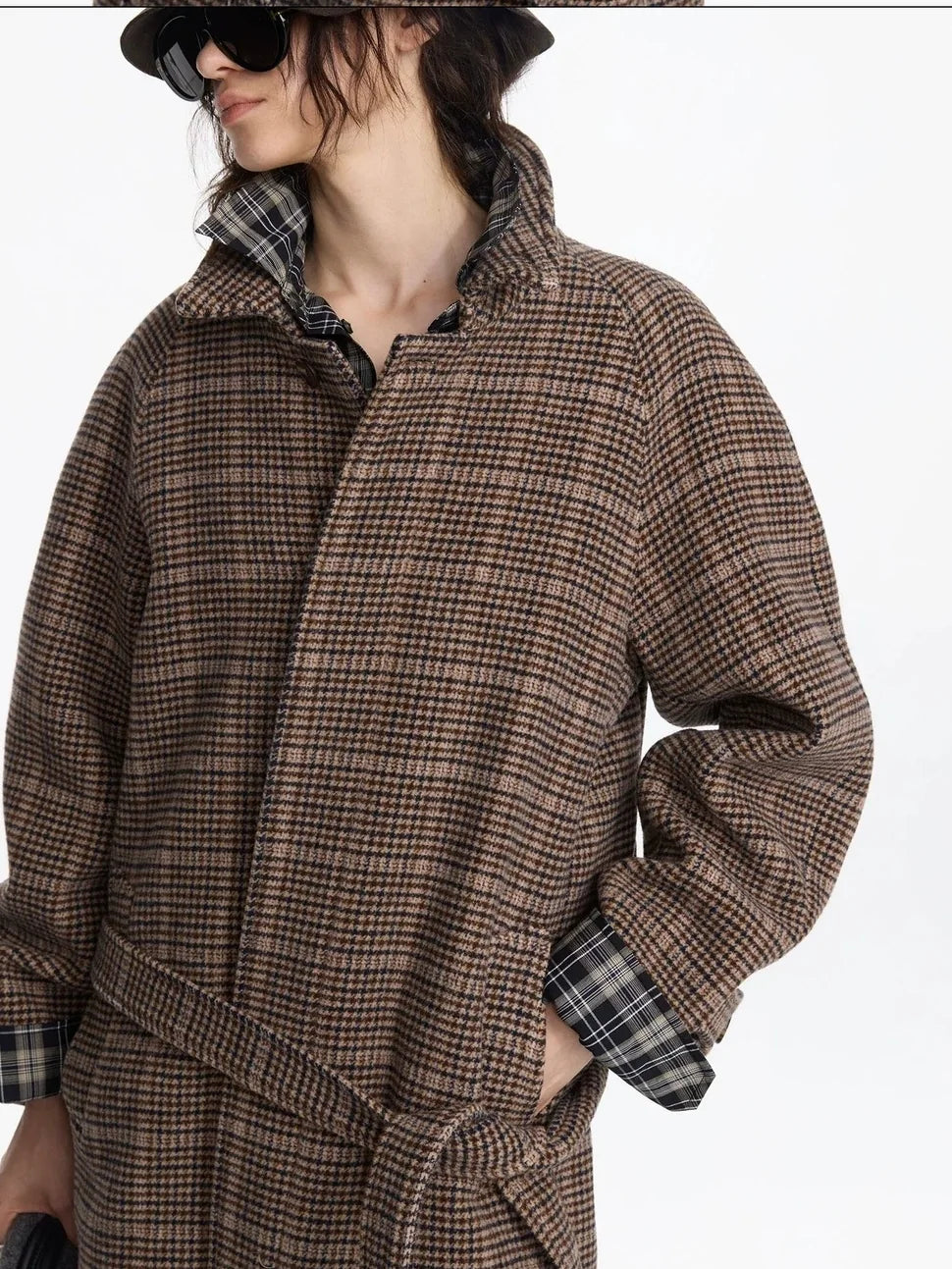 LYUOCHENG Wool Raglan Sleeve Check Trench Coat