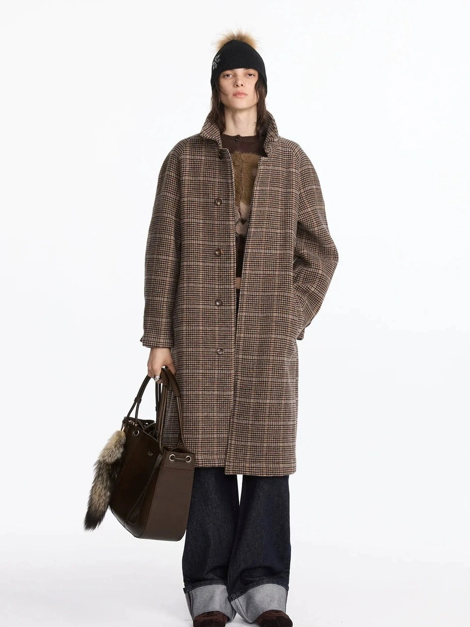LYUOCHENG Wool Raglan Sleeve Check Trench Coat