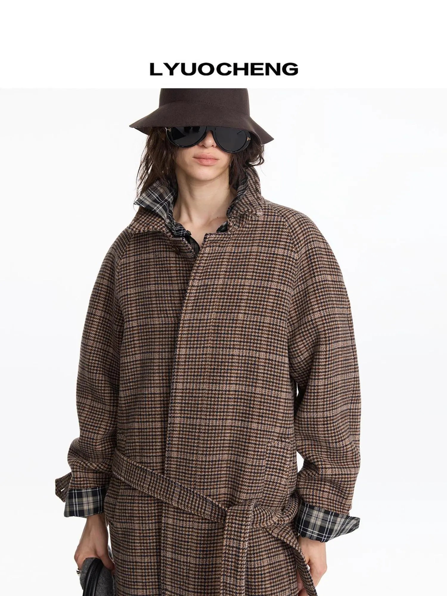LYUOCHENG Wool Raglan Sleeve Check Trench Coat