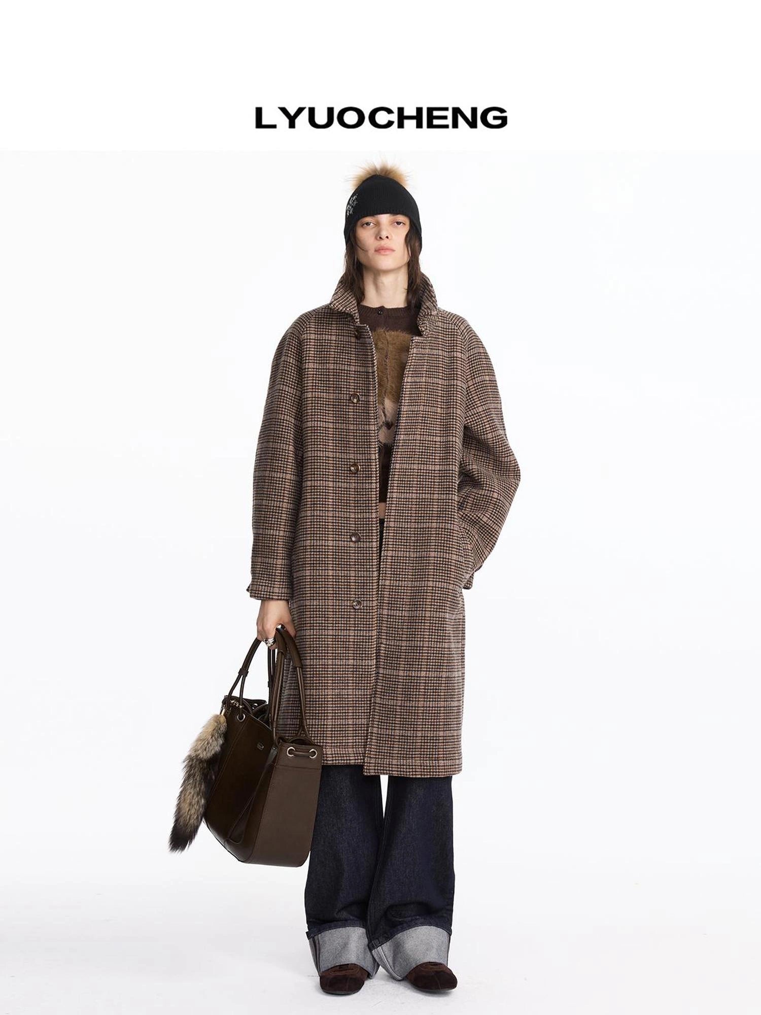 LYUOCHENG Wool Raglan Sleeve Check Trench Coat