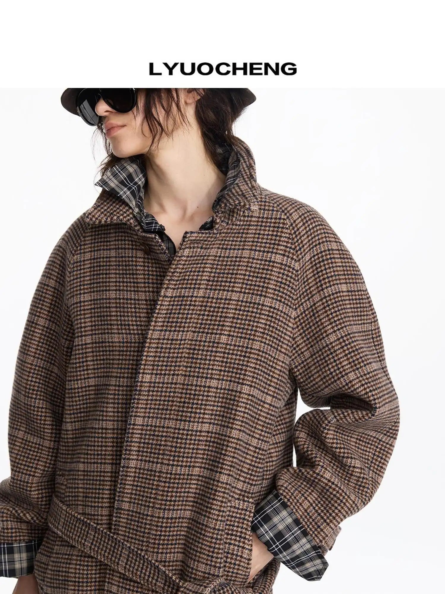 LYUOCHENG Wool Raglan Sleeve Check Trench Coat