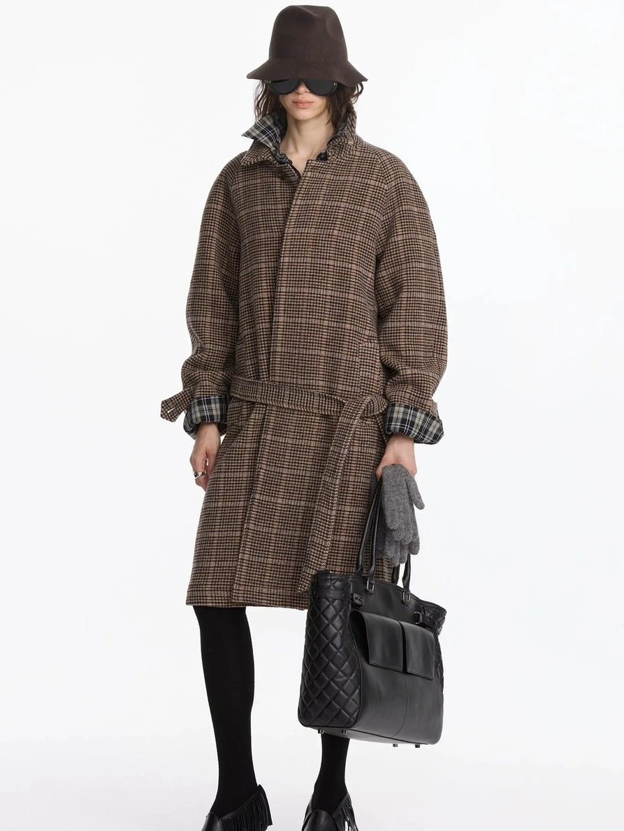 LYUOCHENG Wool Raglan Sleeve Check Trench Coat