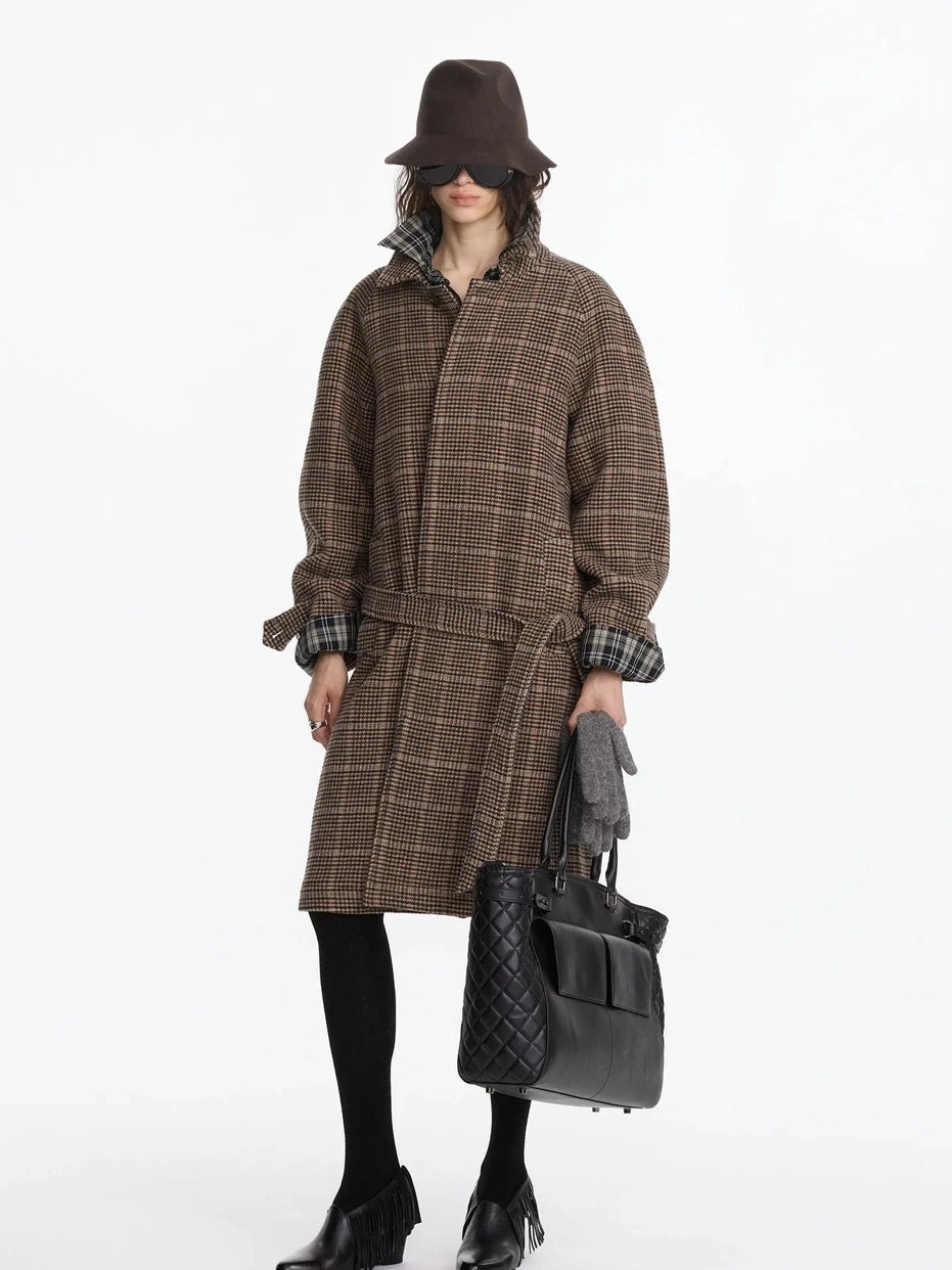 LYUOCHENG Wool Raglan Sleeve Check Trench Coat
