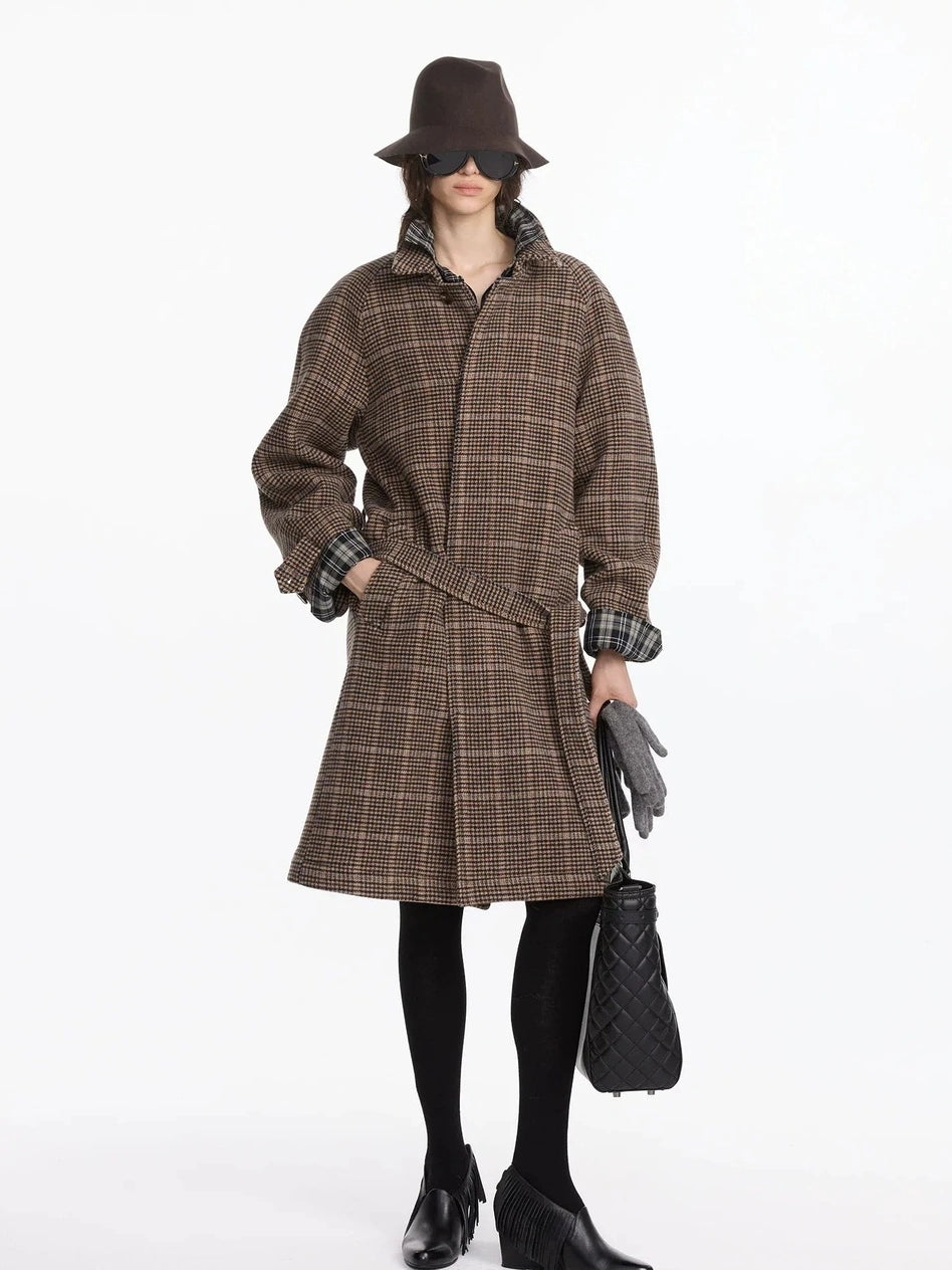 LYUOCHENG Wool Raglan Sleeve Check Trench Coat