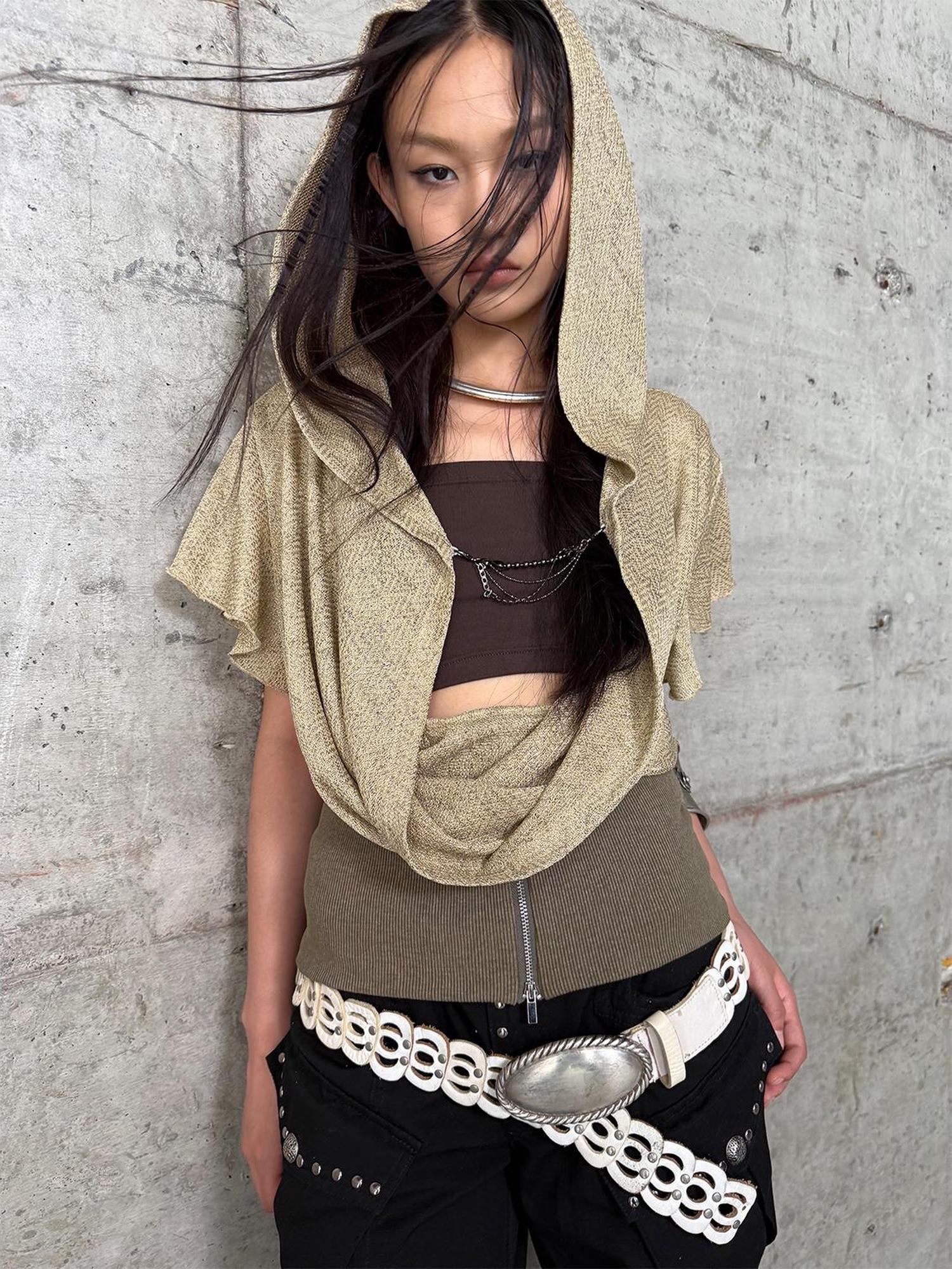 DoublePunch Lace-Up Batwing Sleeve Hollow Knit Cropped T-Shirt