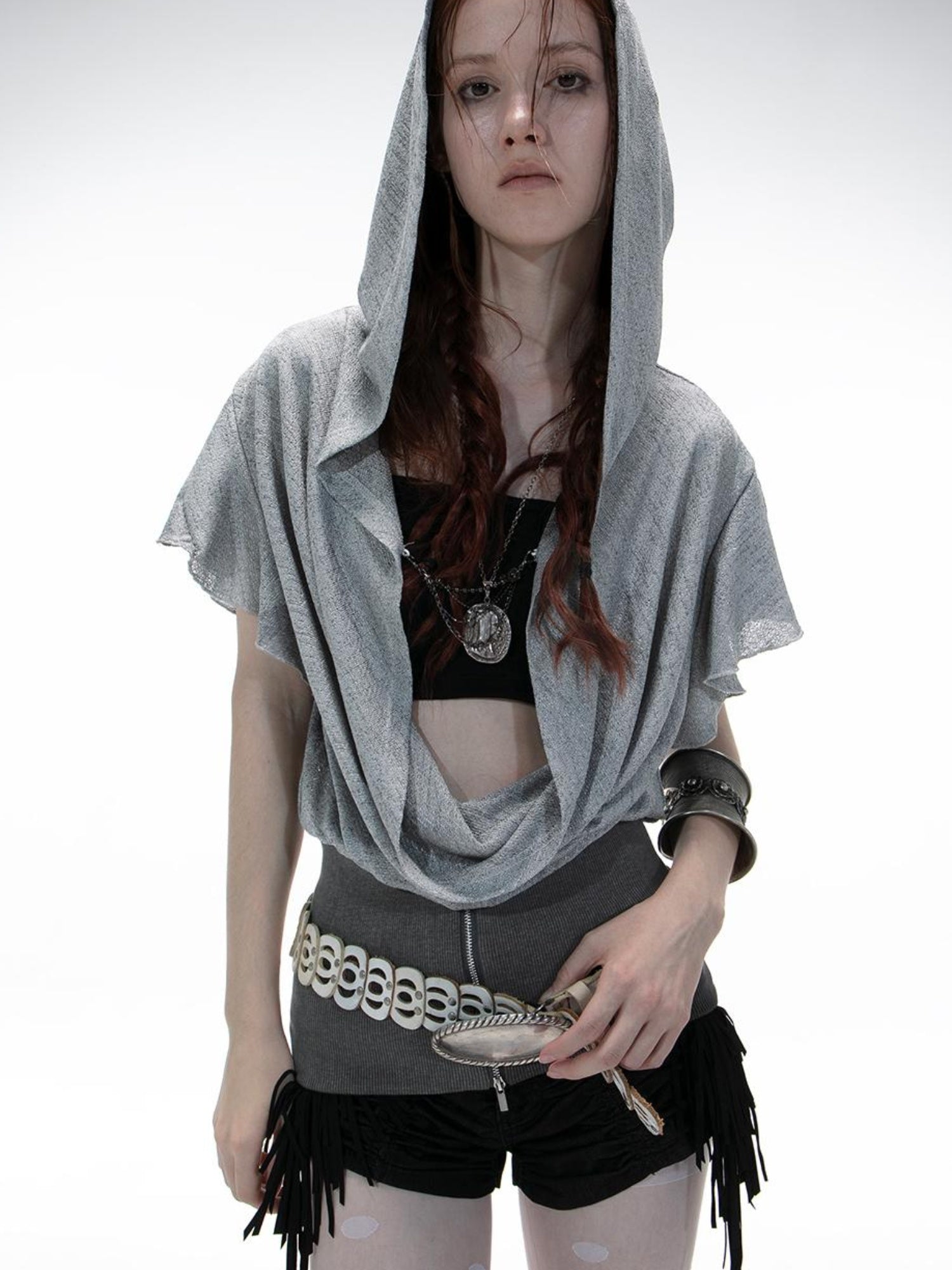 DoublePunch Lace-Up Batwing Sleeve Hollow Knit Cropped T-Shirt