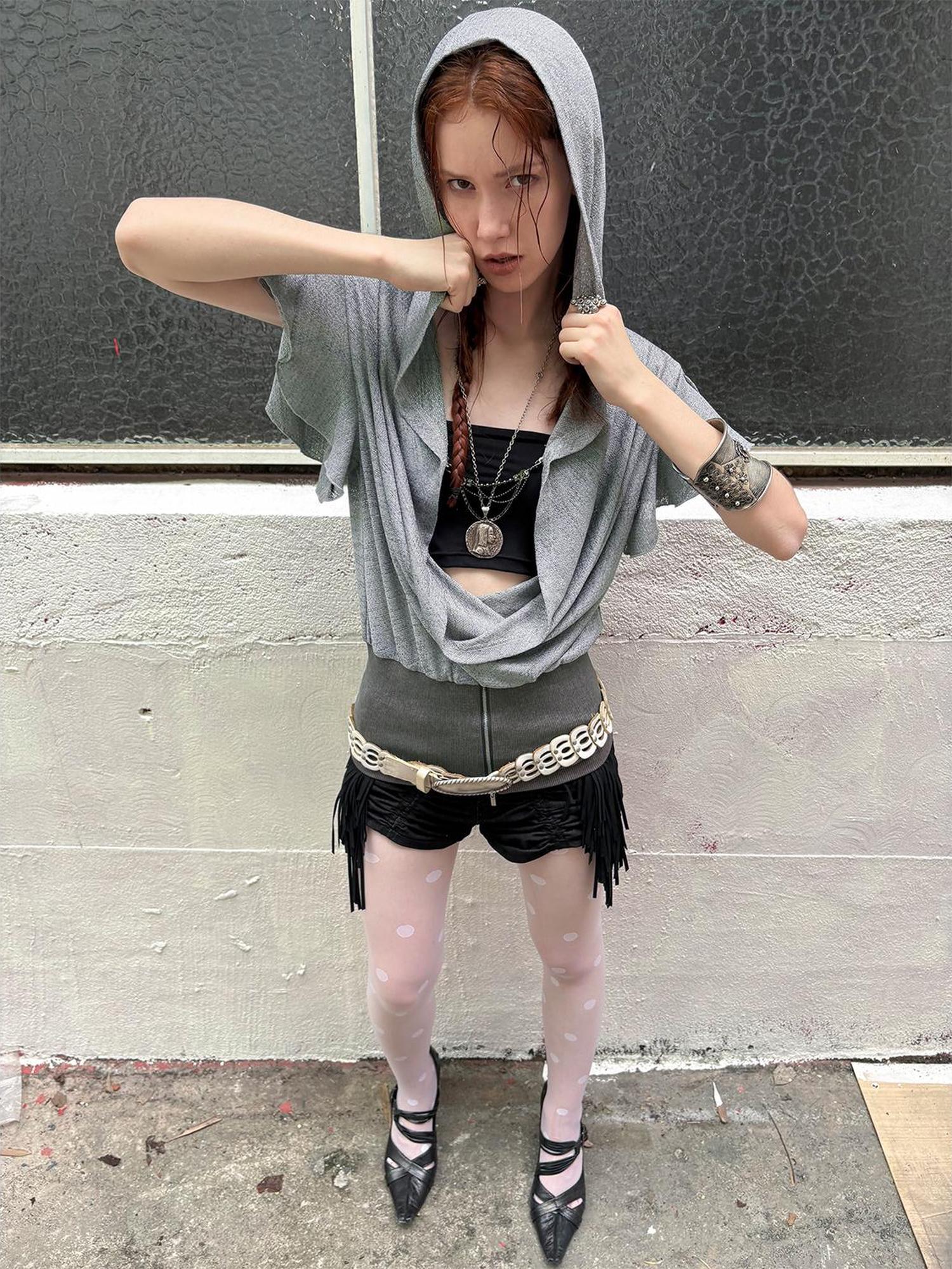 DoublePunch Lace-Up Batwing Sleeve Hollow Knit Cropped T-Shirt
