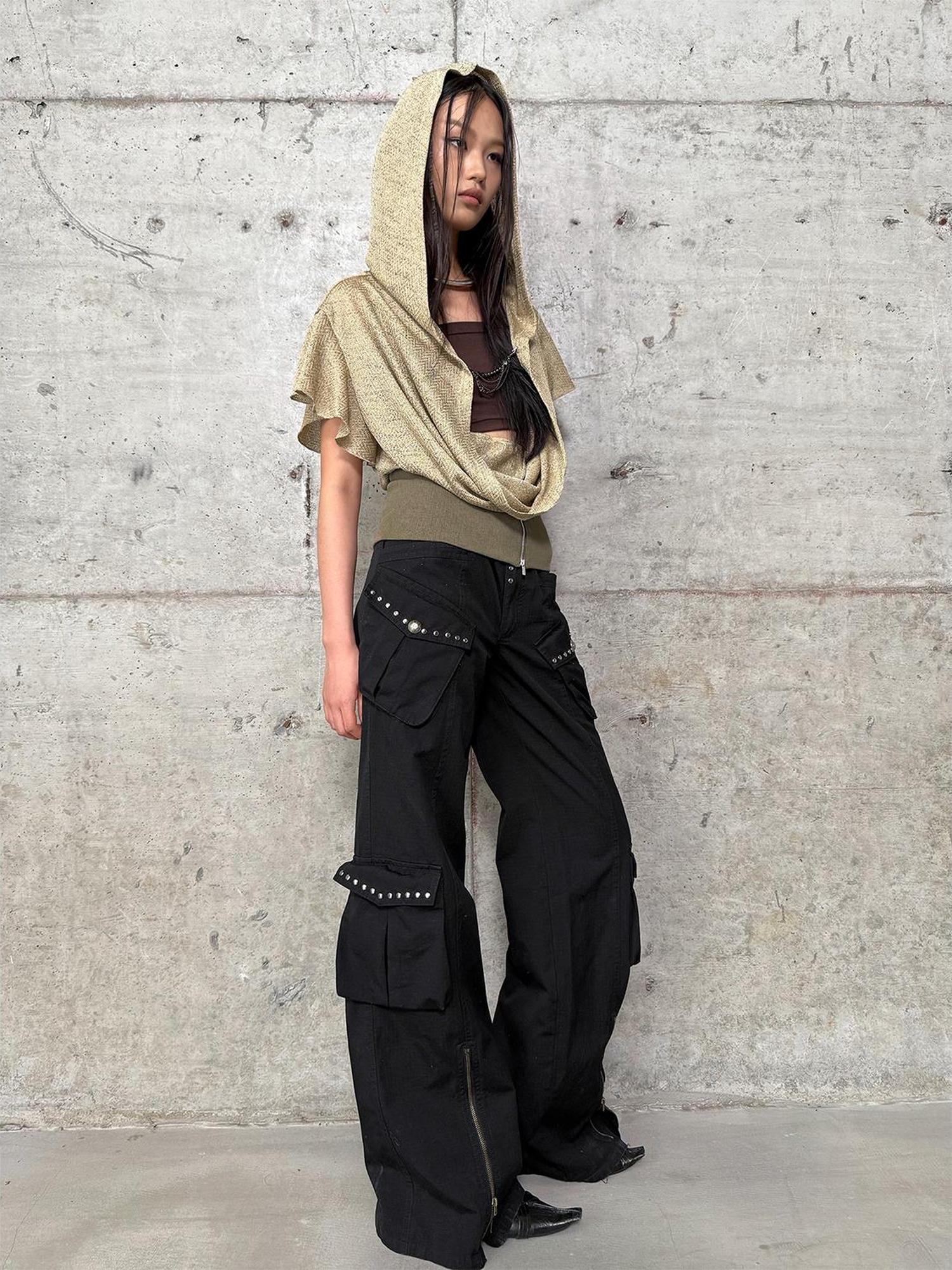 DoublePunch Lace-Up Batwing Sleeve Hollow Knit Cropped T-Shirt