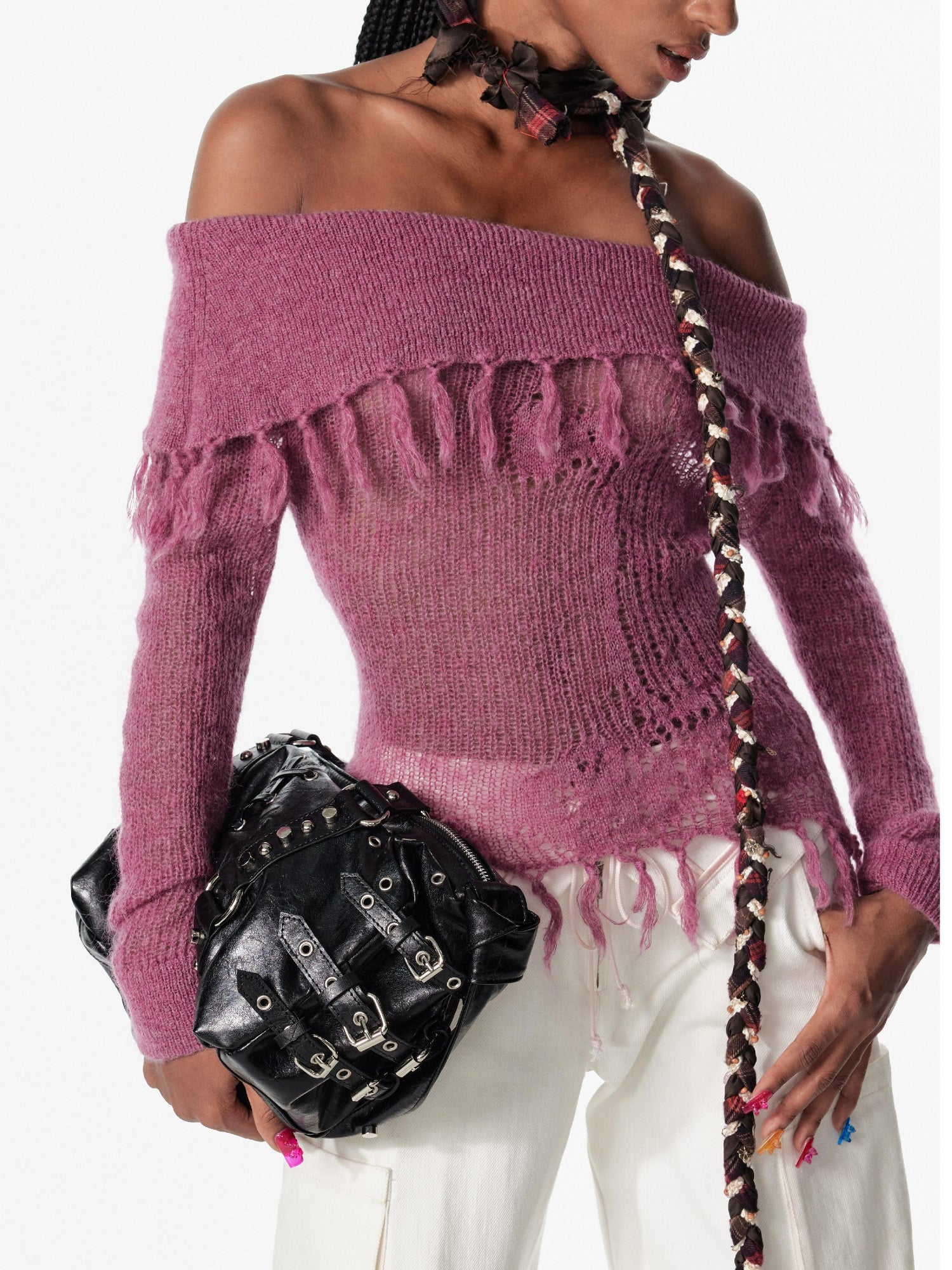 2th Desire Lace-Up Shoulder Crochet Sweater With Fringe Knit Top