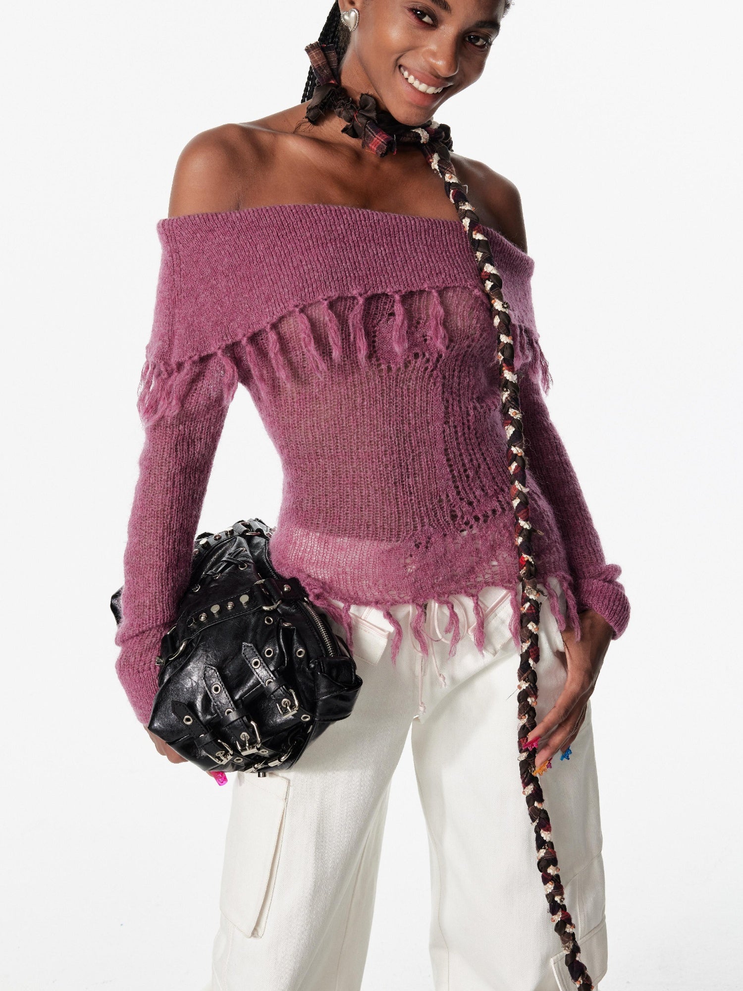 2th Desire Lace-Up Shoulder Crochet Sweater With Fringe Knit Top