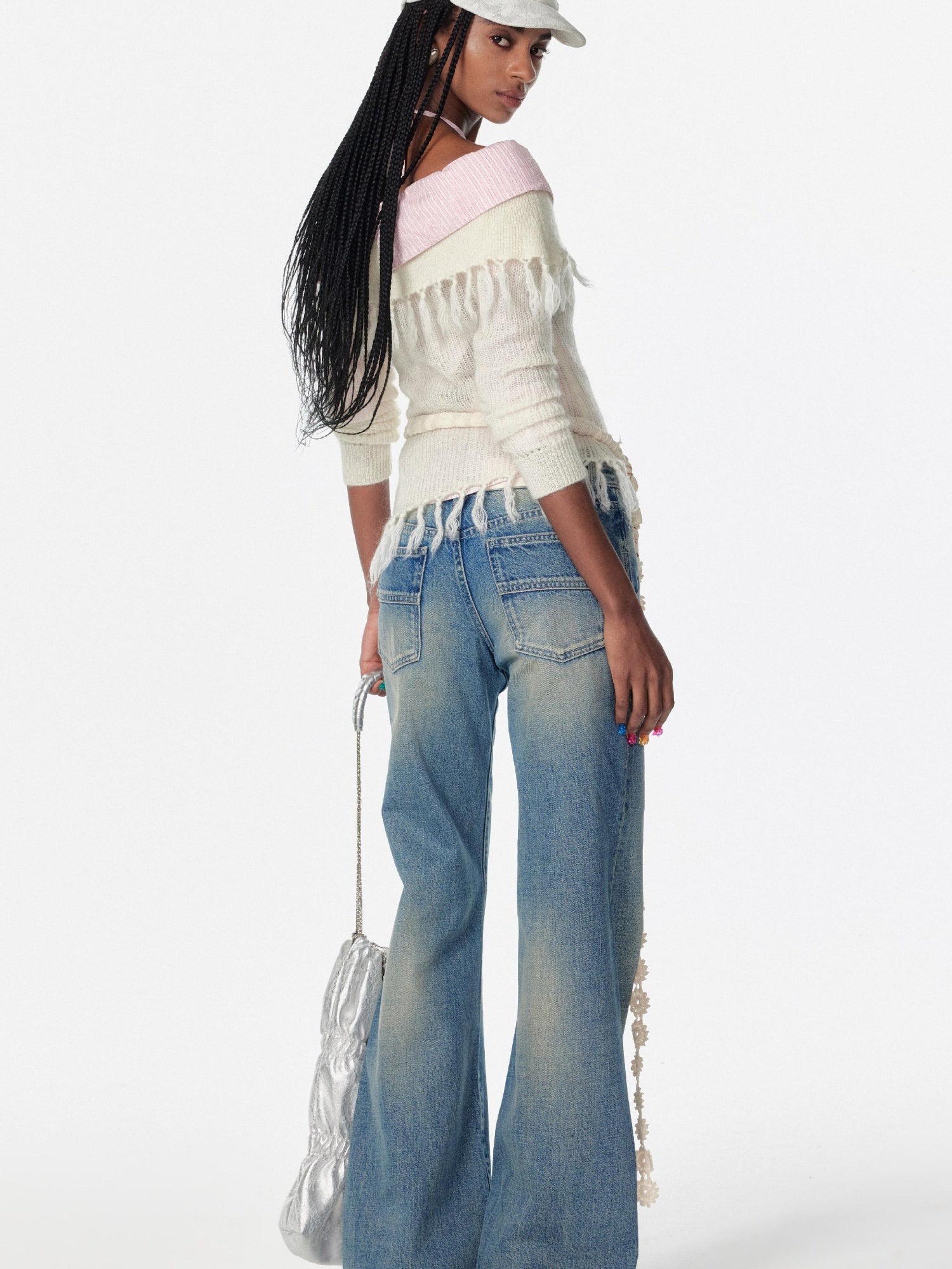 2th Desire Lace-Up Shoulder Crochet Sweater With Fringe Knit Top