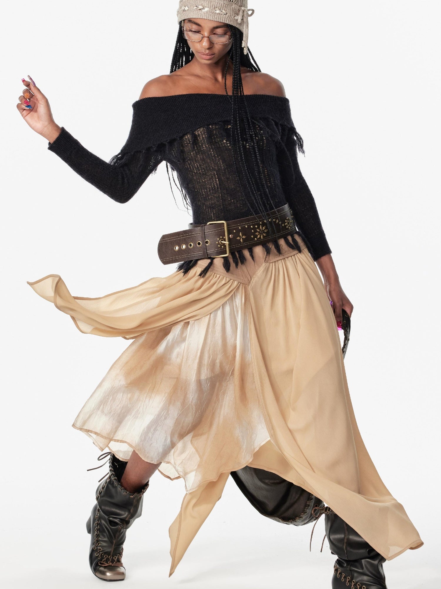 2th Desire Lace-Up Shoulder Crochet Sweater With Fringe Knit Top