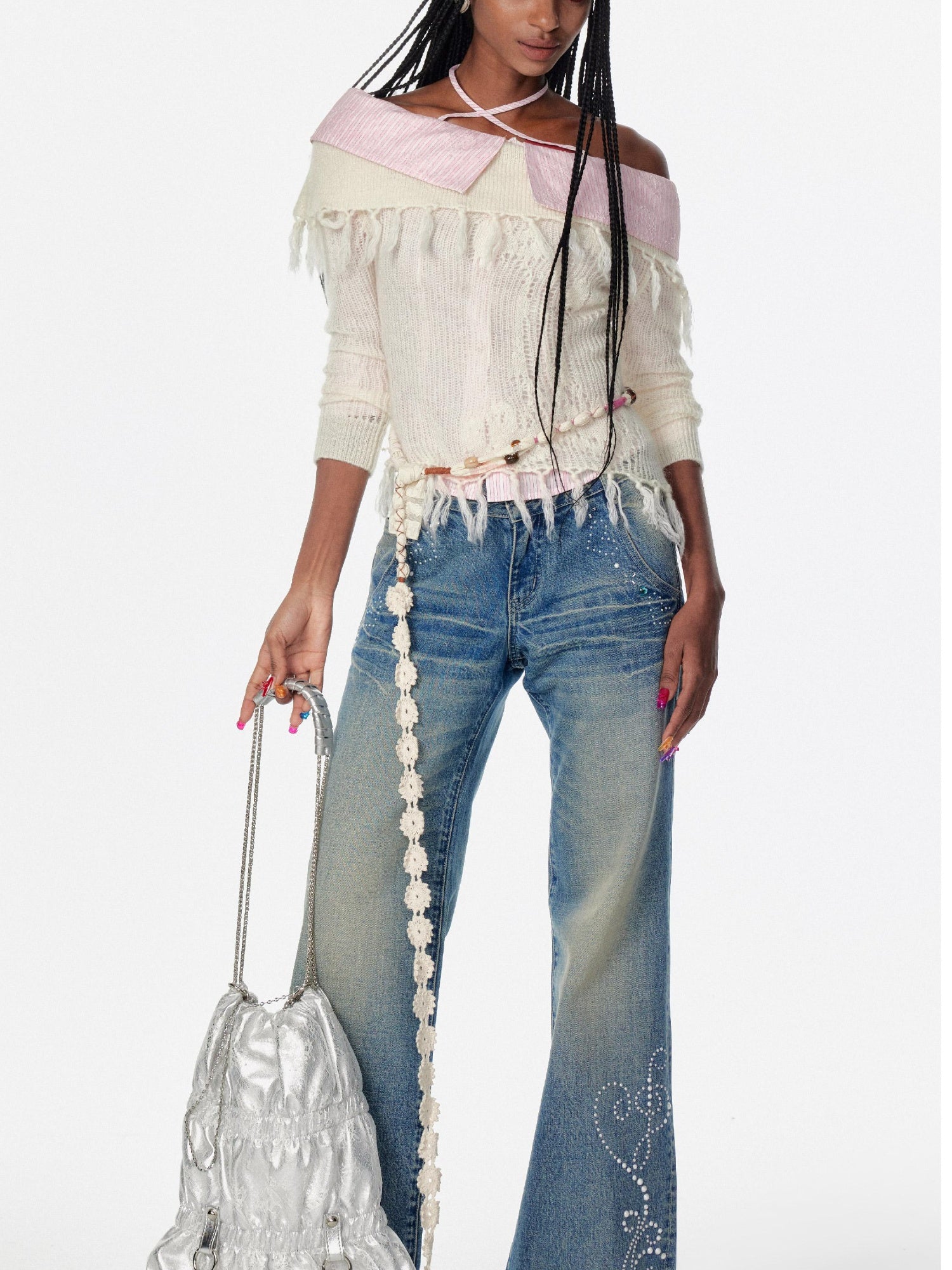 2th Desire Lace-Up Shoulder Crochet Sweater With Fringe Knit Top