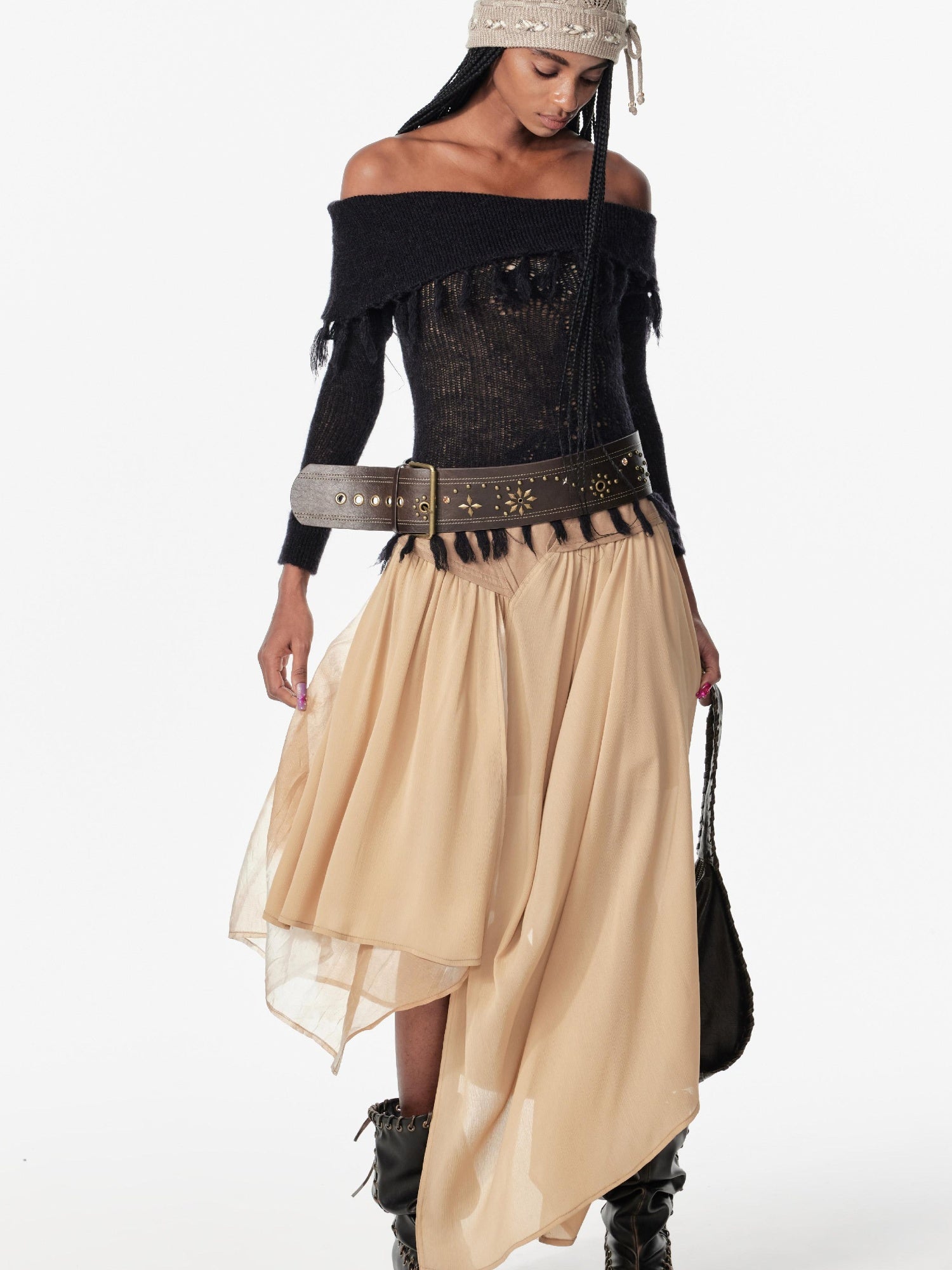 2th Desire Lace-Up Shoulder Crochet Sweater With Fringe Knit Top