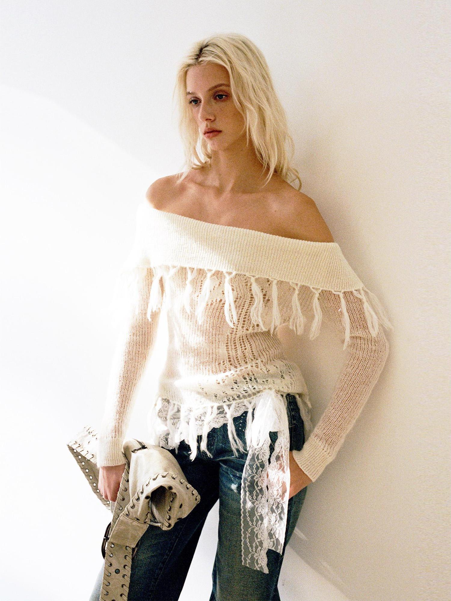 2th Desire Lace-Up Shoulder Crochet Sweater With Fringe Knit Top