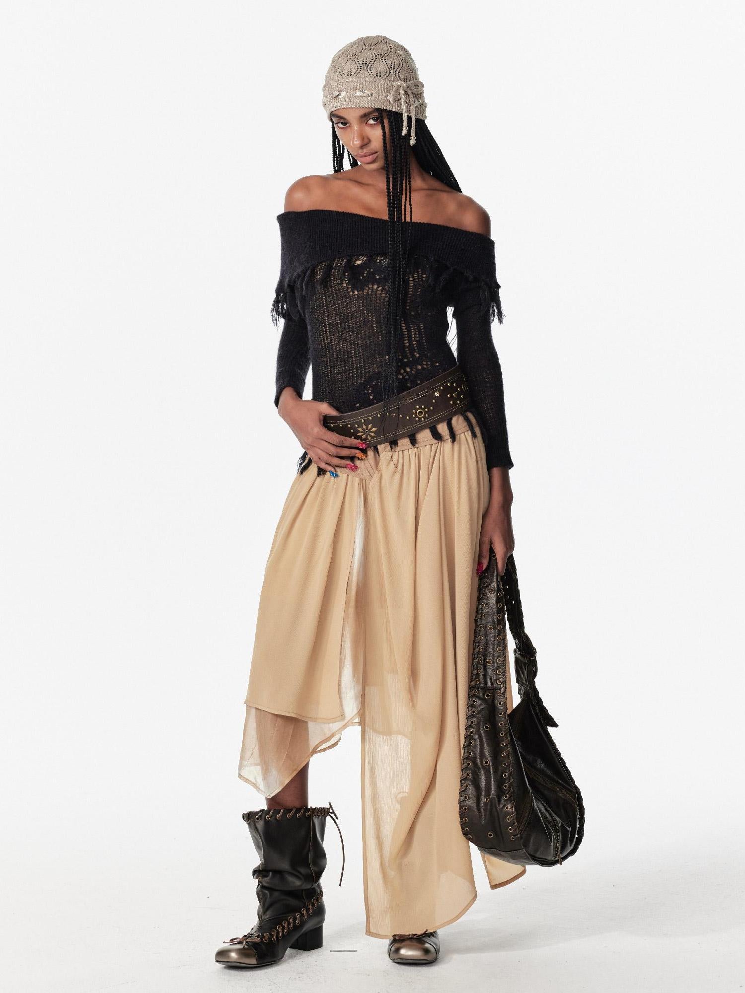 2th Desire Lace-Up Shoulder Crochet Sweater With Fringe Knit Top