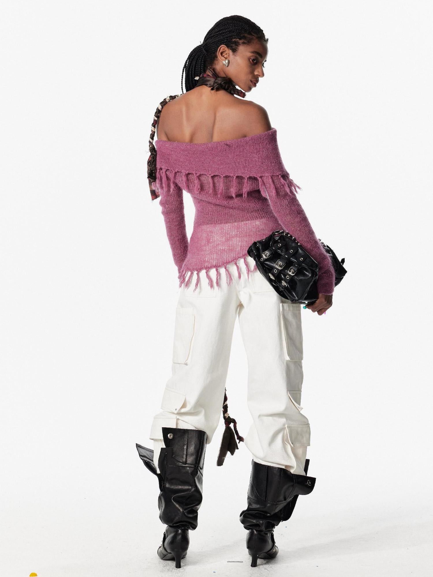 2th Desire Lace-Up Shoulder Crochet Sweater With Fringe Knit Top