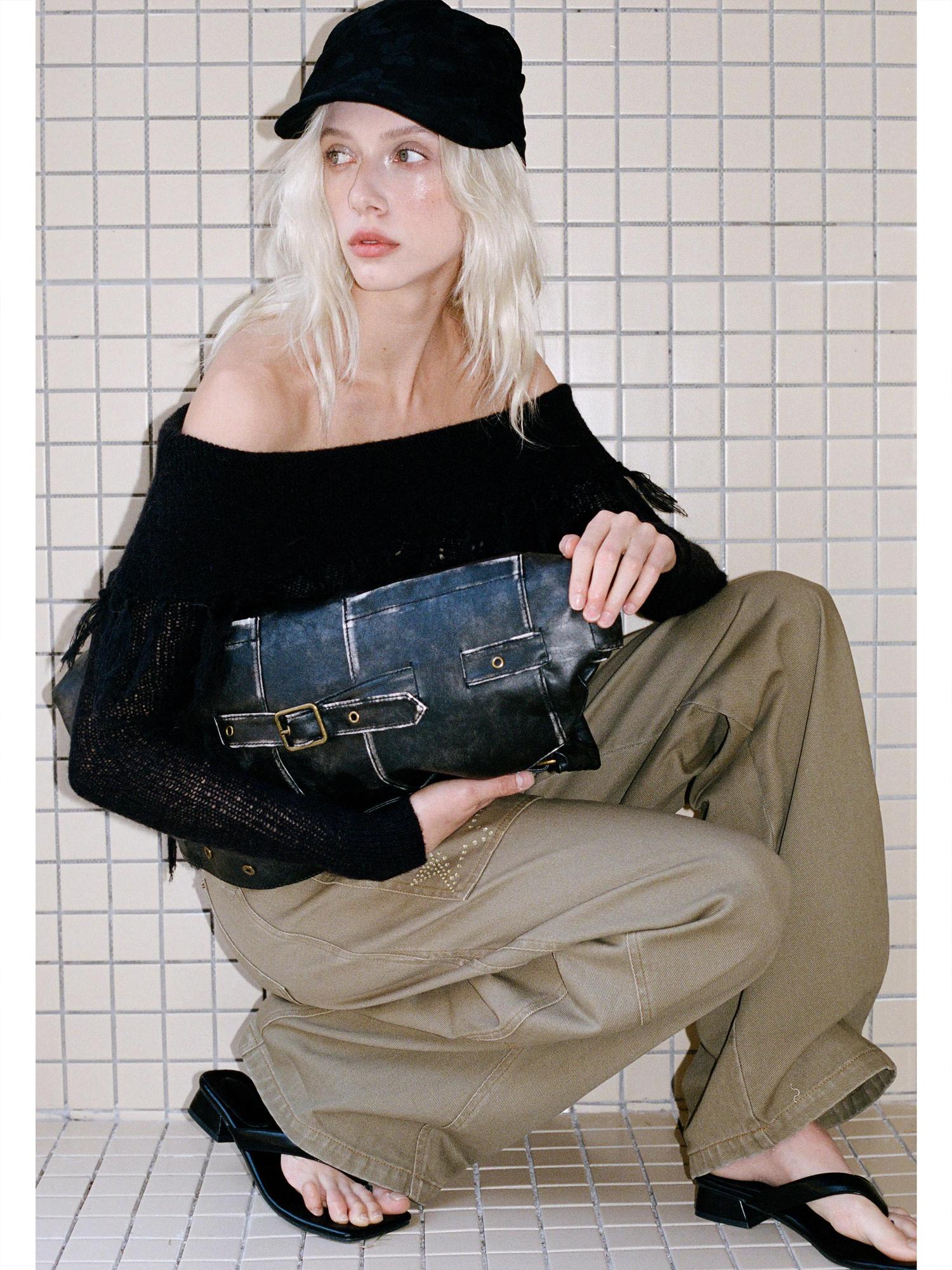 2th Desire Lace-Up Shoulder Crochet Sweater With Fringe Knit Top