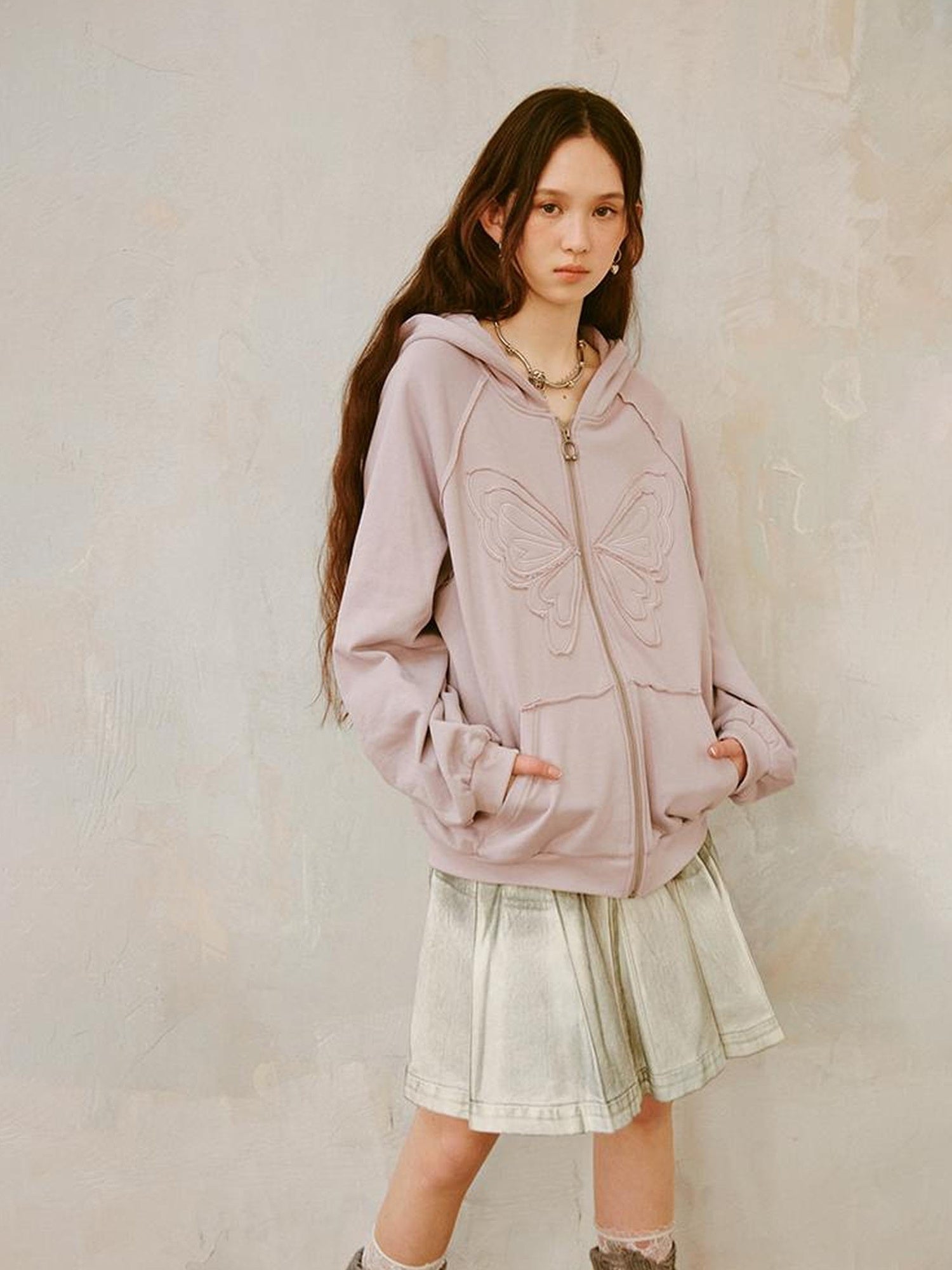 DIDDI MODA Lace Bow Butterfly Hoodie Grey Oversized Cotton Sweatshirt