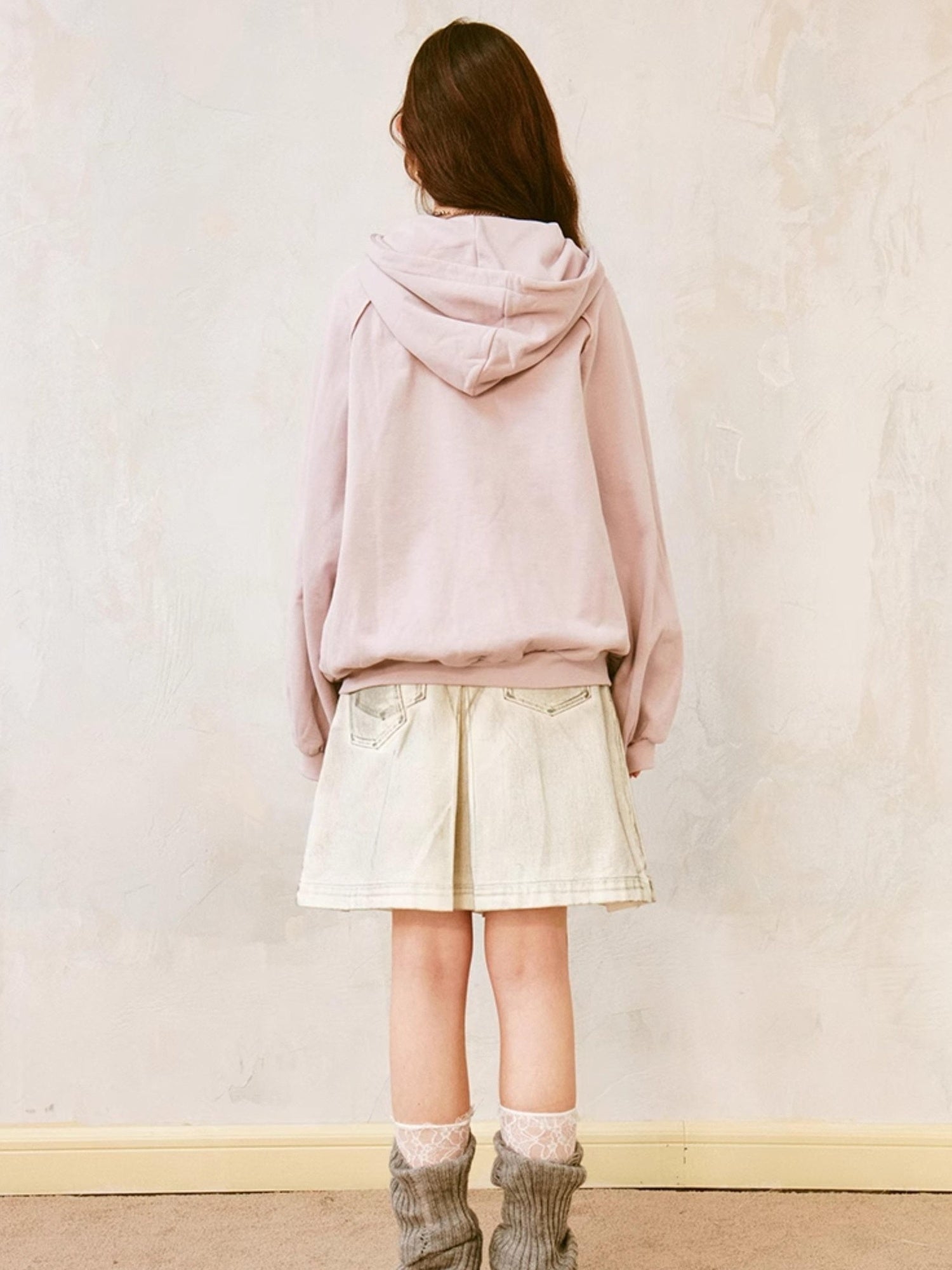 DIDDI MODA Lace Bow Butterfly Hoodie Grey Oversized Cotton Sweatshirt