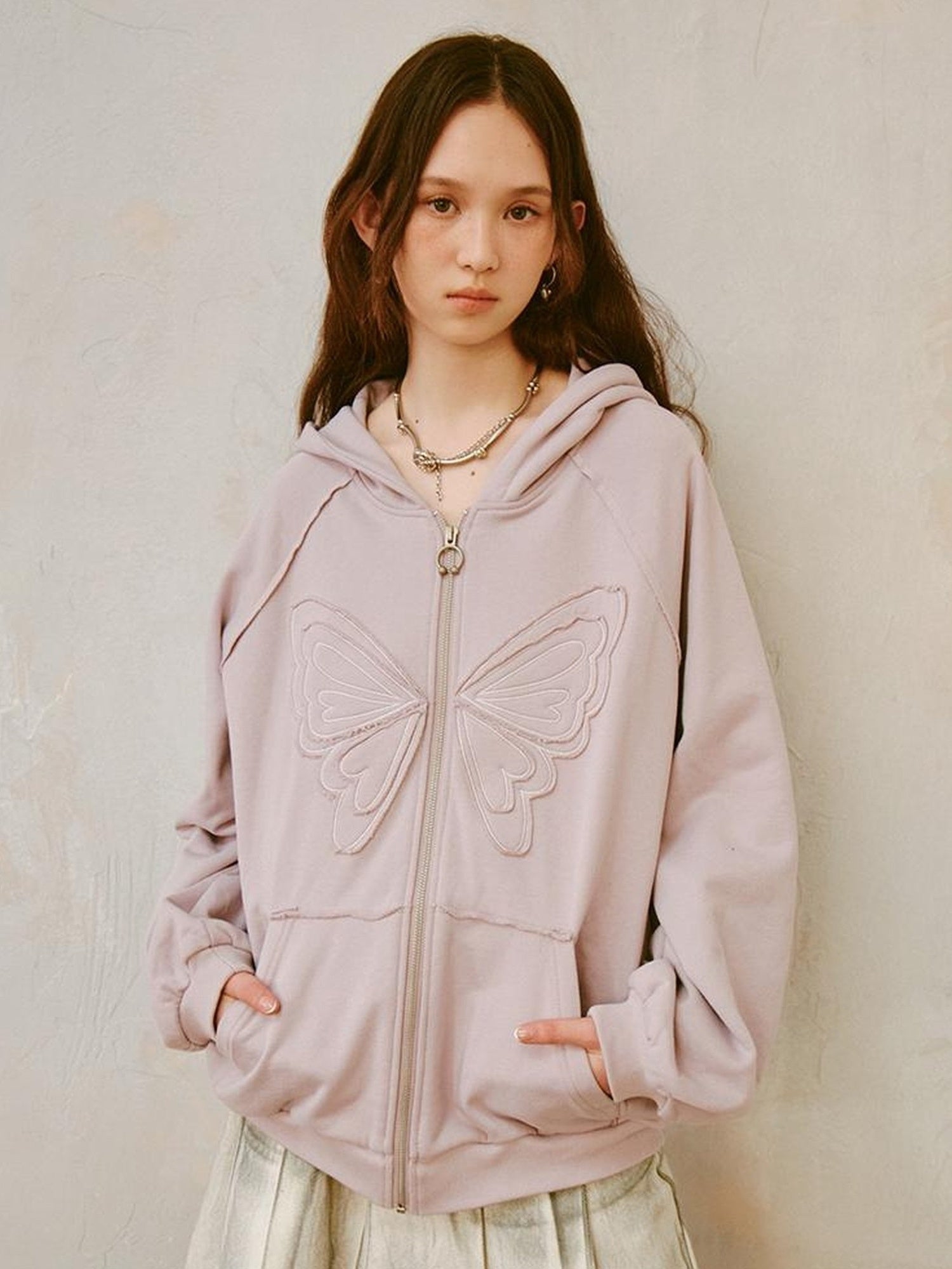 DIDDI MODA Lace Bow Butterfly Hoodie Grey Oversized Cotton Sweatshirt