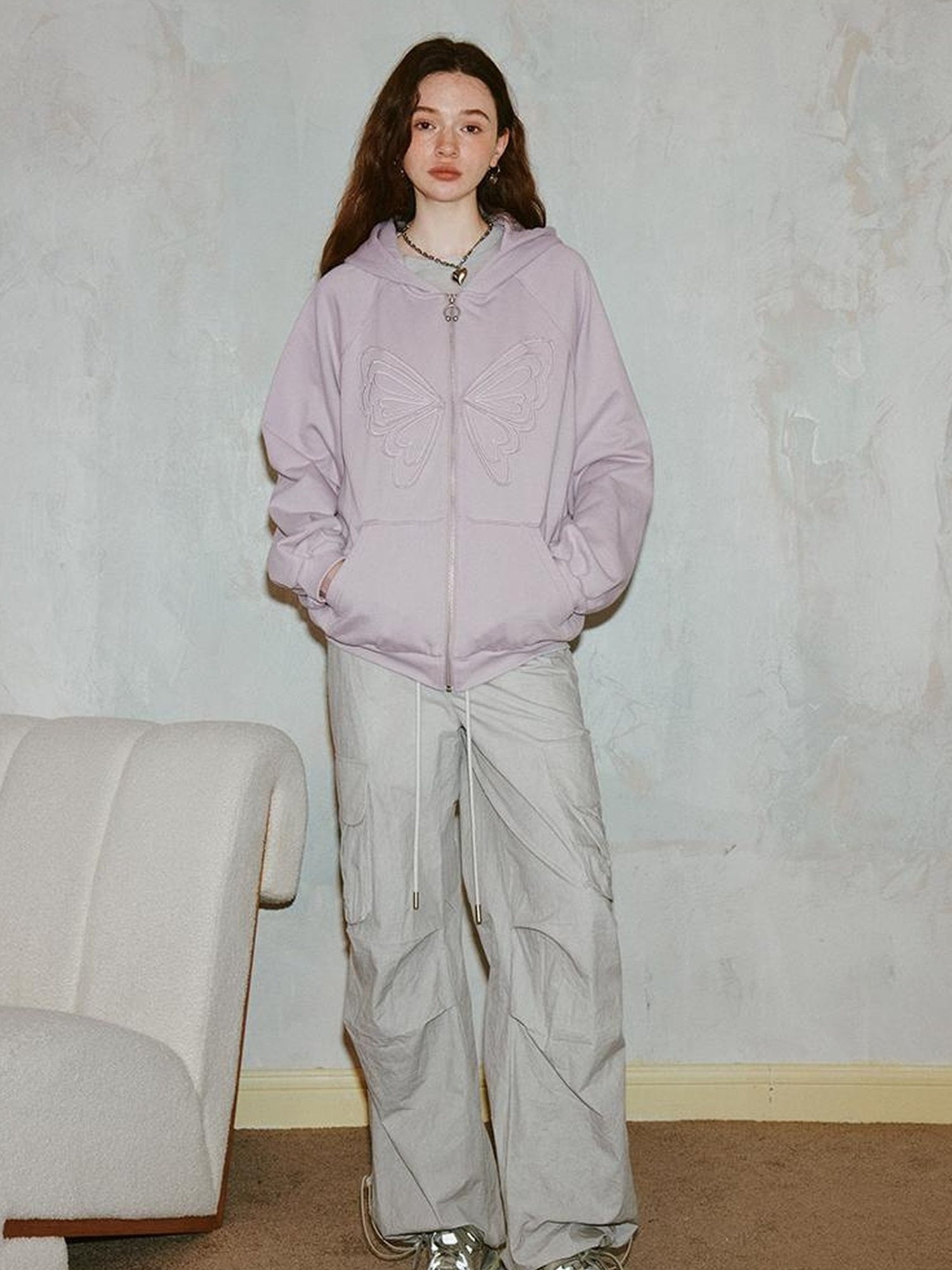 DIDDI MODA Lace Bow Butterfly Hoodie Grey Oversized Cotton Sweatshirt