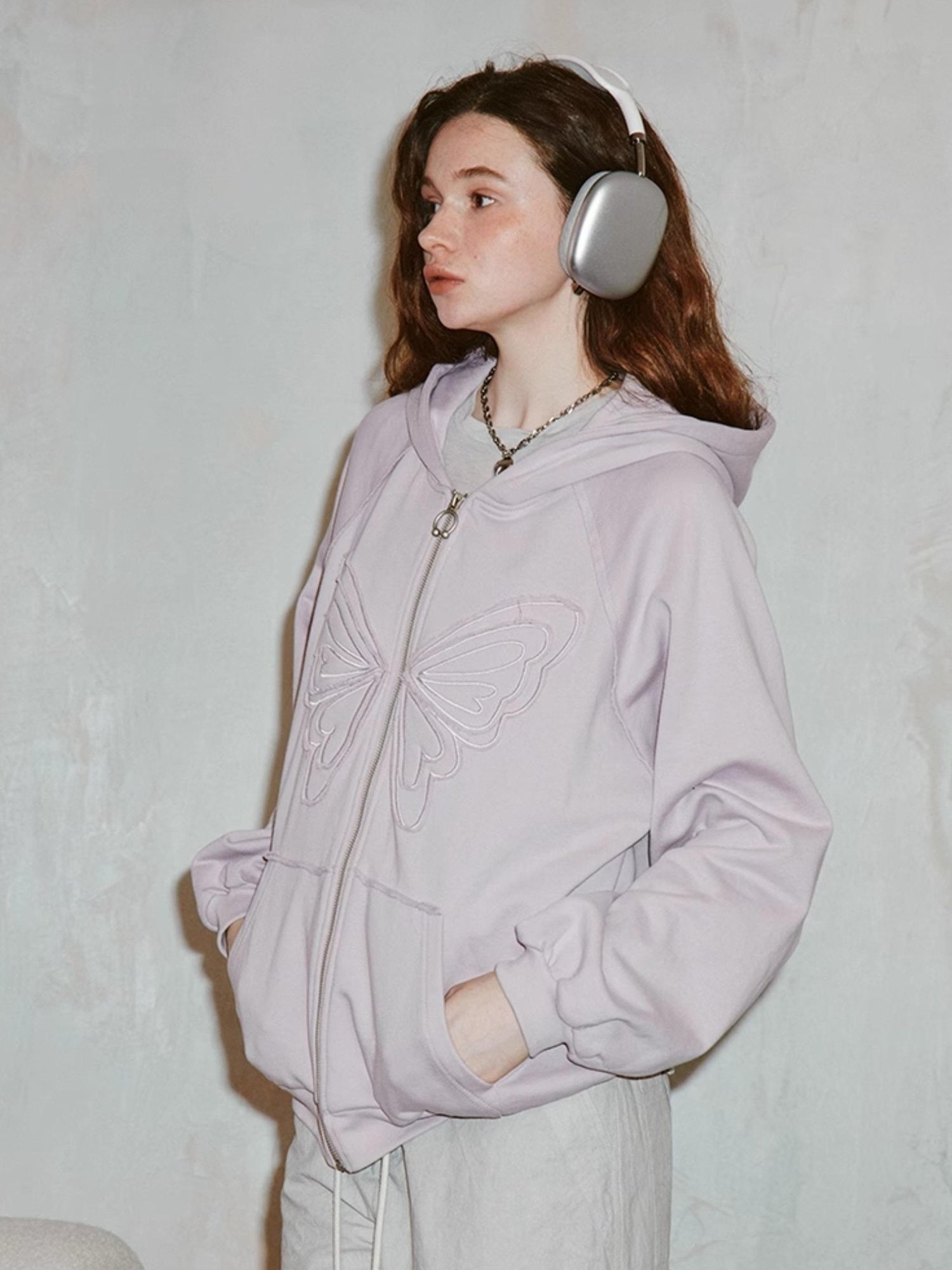 DIDDI MODA Lace Bow Butterfly Hoodie Grey Oversized Cotton Sweatshirt