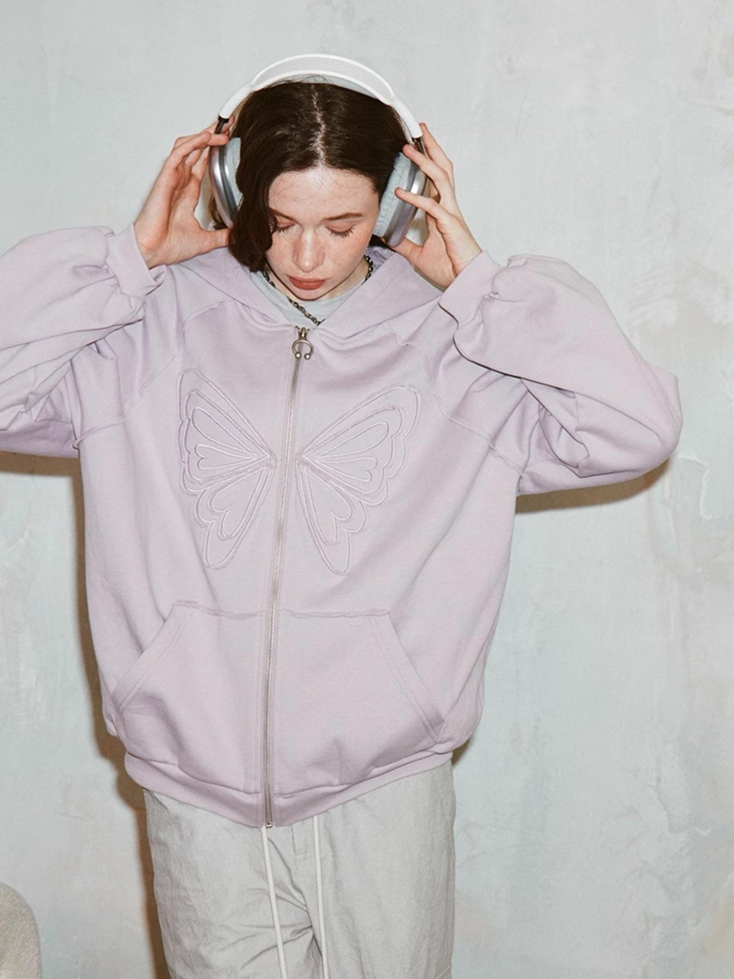 DIDDI MODA Lace Bow Butterfly Hoodie Grey Oversized Cotton Sweatshirt