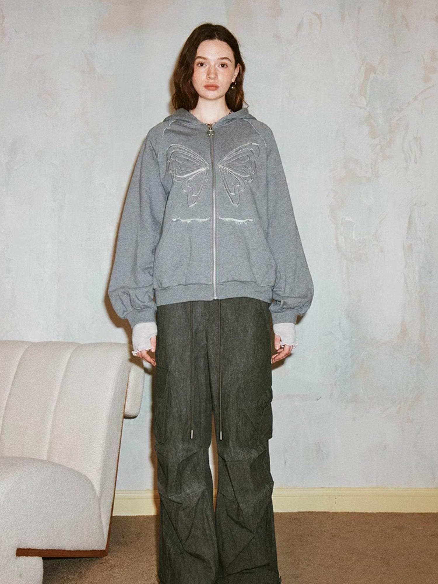DIDDI MODA Lace Bow Butterfly Hoodie Grey Oversized Cotton Sweatshirt