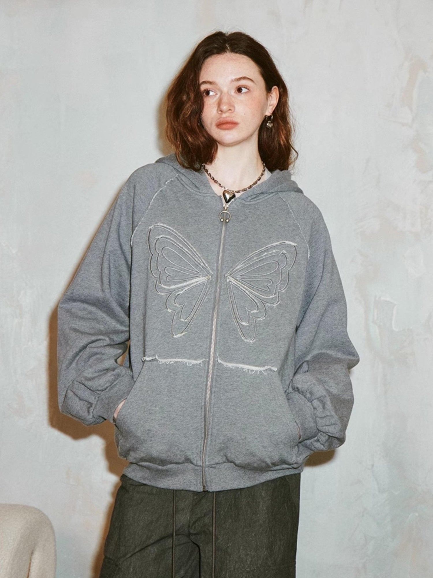 DIDDI MODA Lace Bow Butterfly Hoodie Grey Oversized Cotton Sweatshirt
