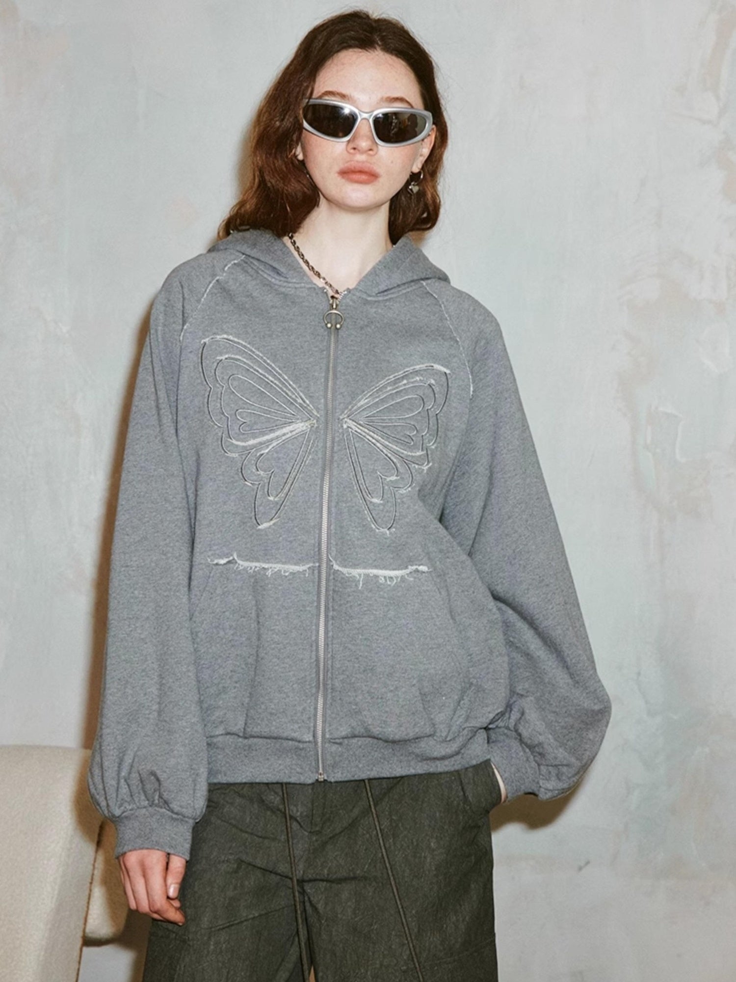 DIDDI MODA Lace Bow Butterfly Hoodie Grey Oversized Cotton Sweatshirt