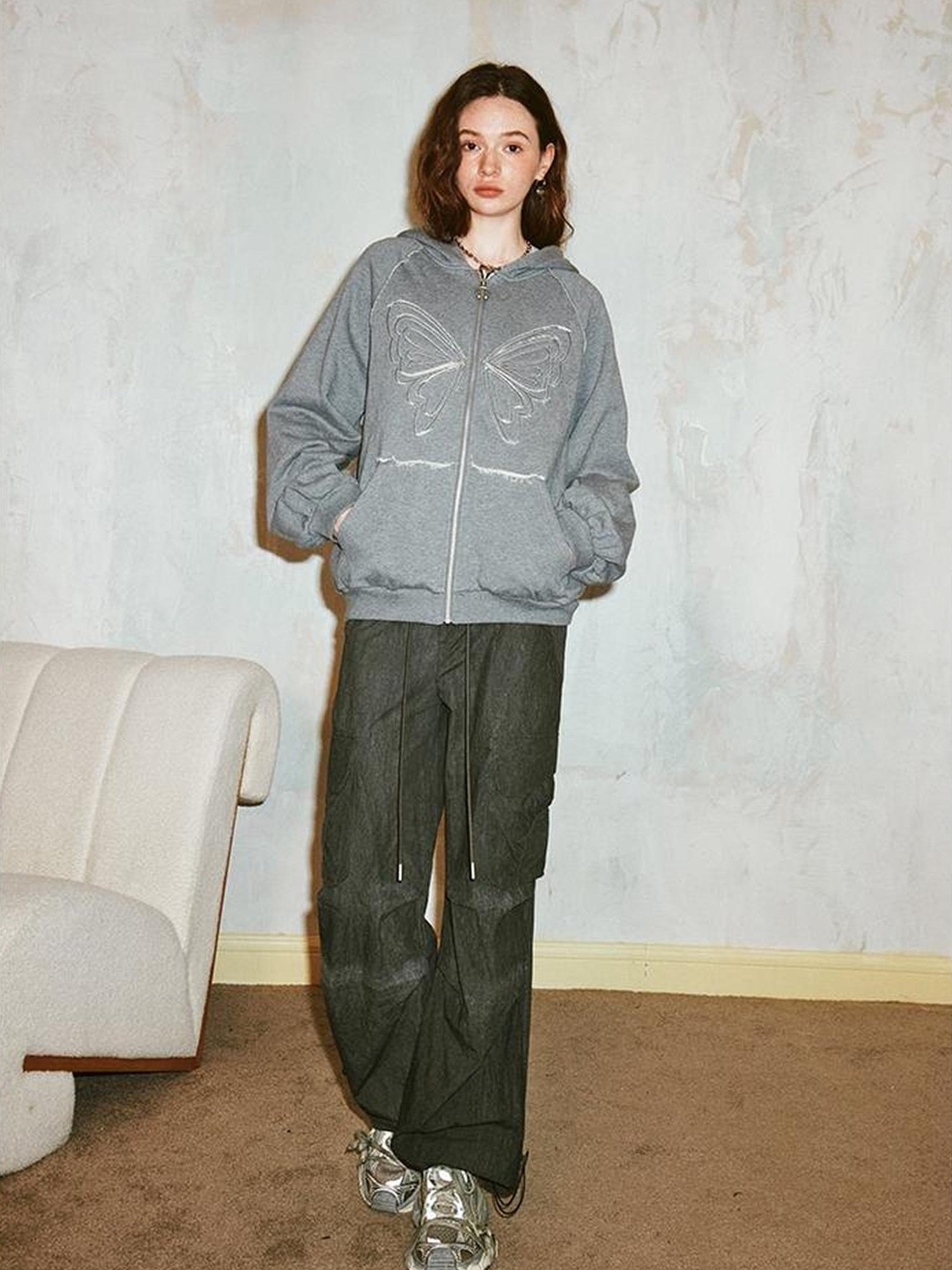 DIDDI MODA Lace Bow Butterfly Hoodie Grey Oversized Cotton Sweatshirt