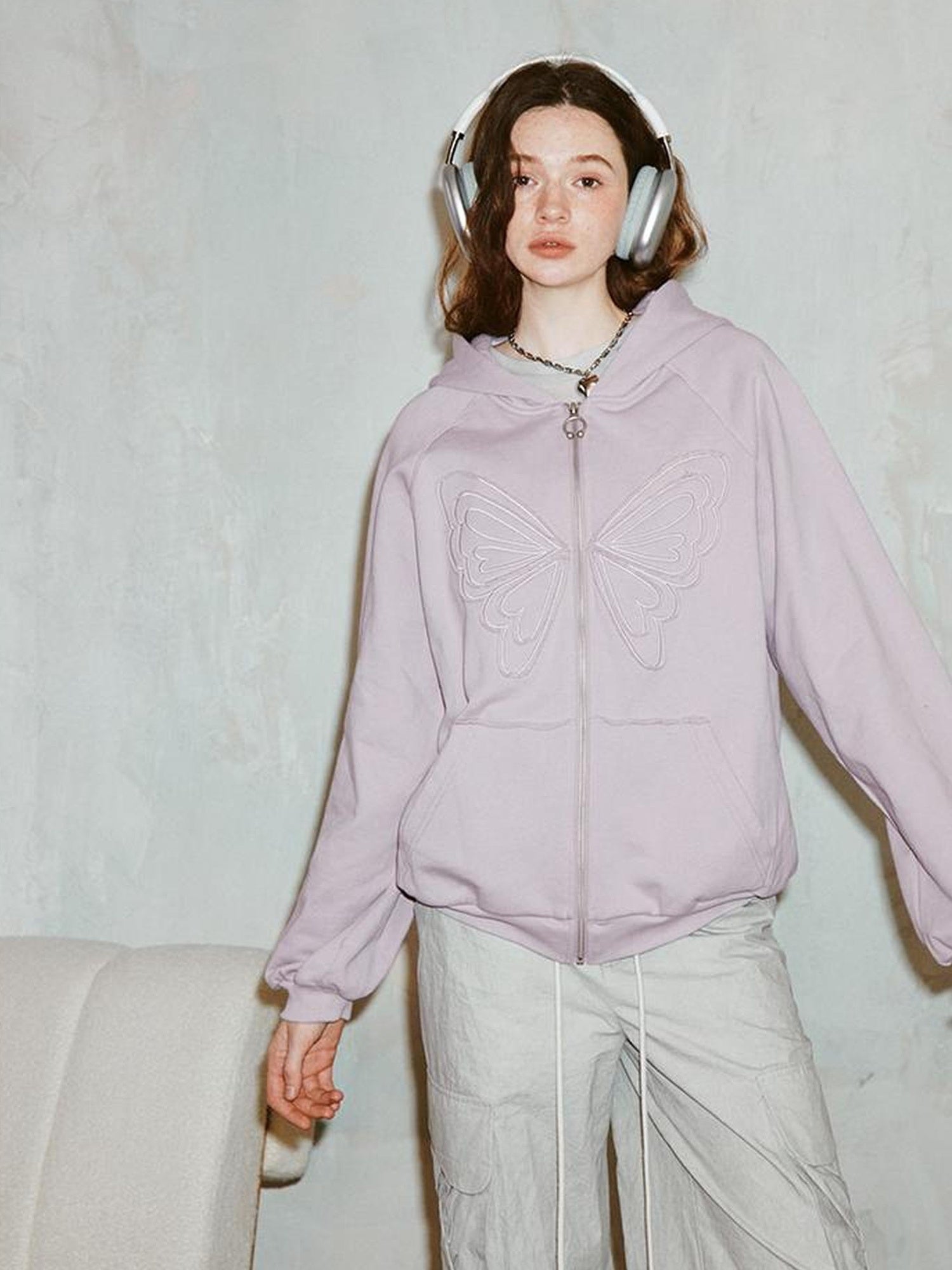 DIDDI MODA Lace Bow Butterfly Hoodie Grey Oversized Cotton Sweatshirt