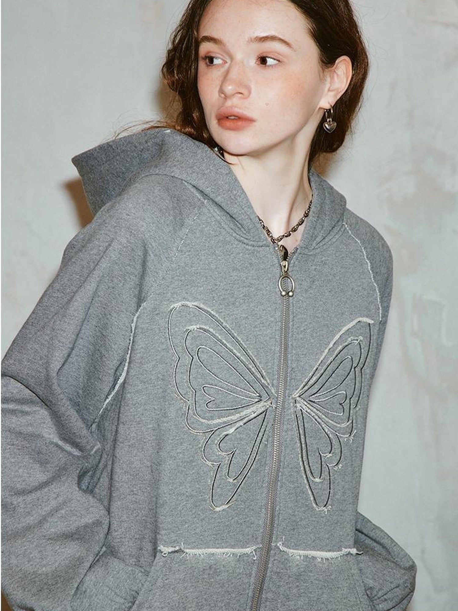 DIDDI MODA Lace Bow Butterfly Hoodie Grey Oversized Cotton Sweatshirt