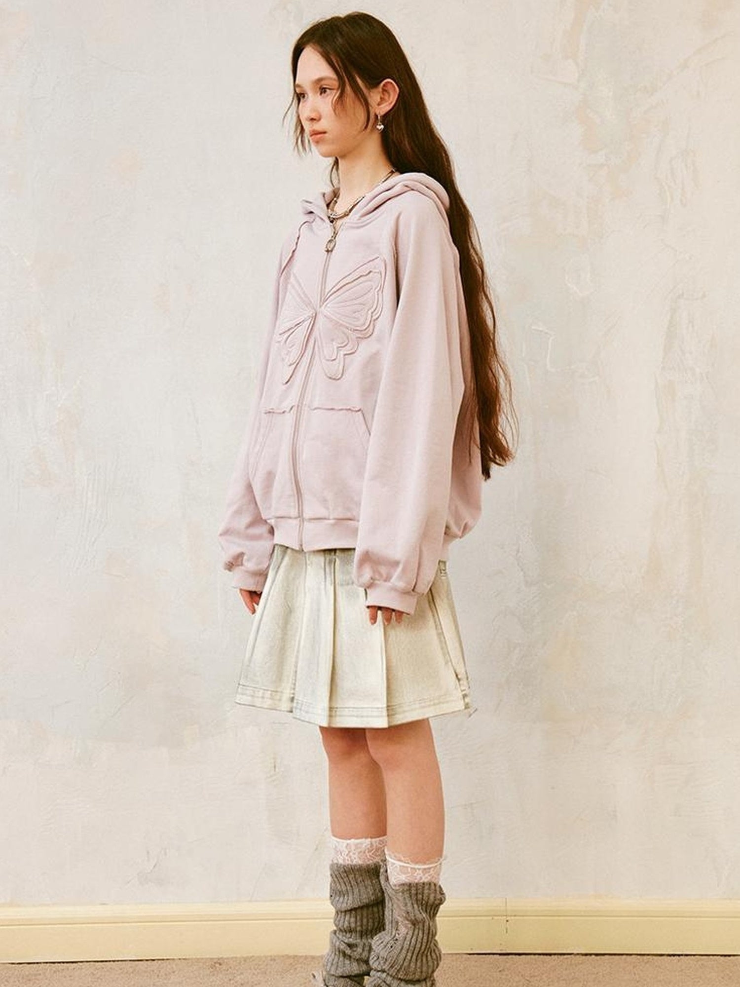 DIDDI MODA Lace Bow Butterfly Hoodie Grey Oversized Cotton Sweatshirt