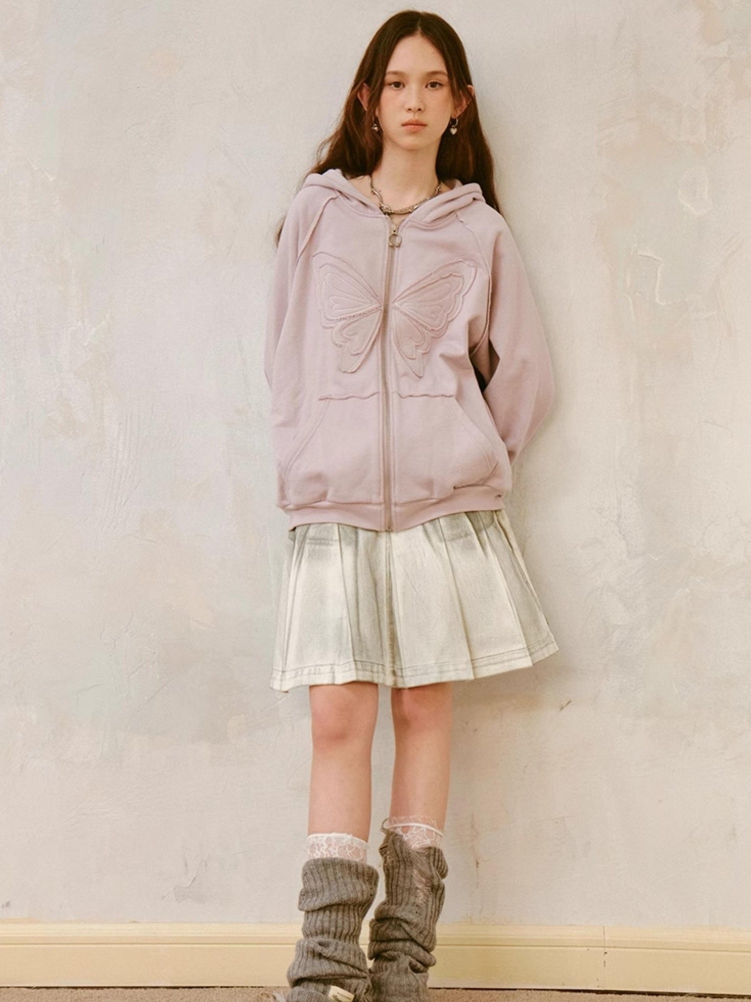 DIDDI MODA Lace Bow Butterfly Hoodie Grey Oversized Cotton Sweatshirt