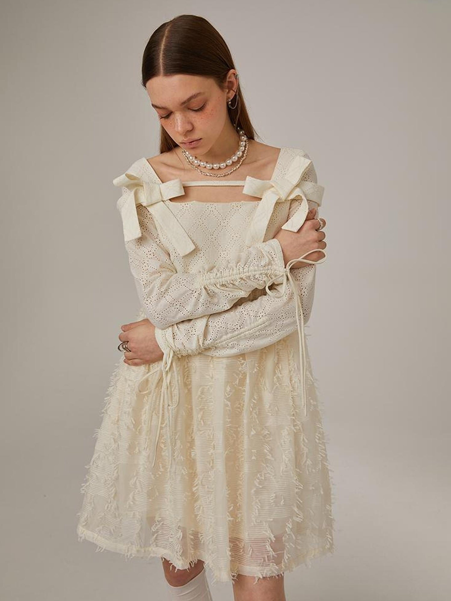 DIDDI MODA Lace Bow Checkered Spring Dress