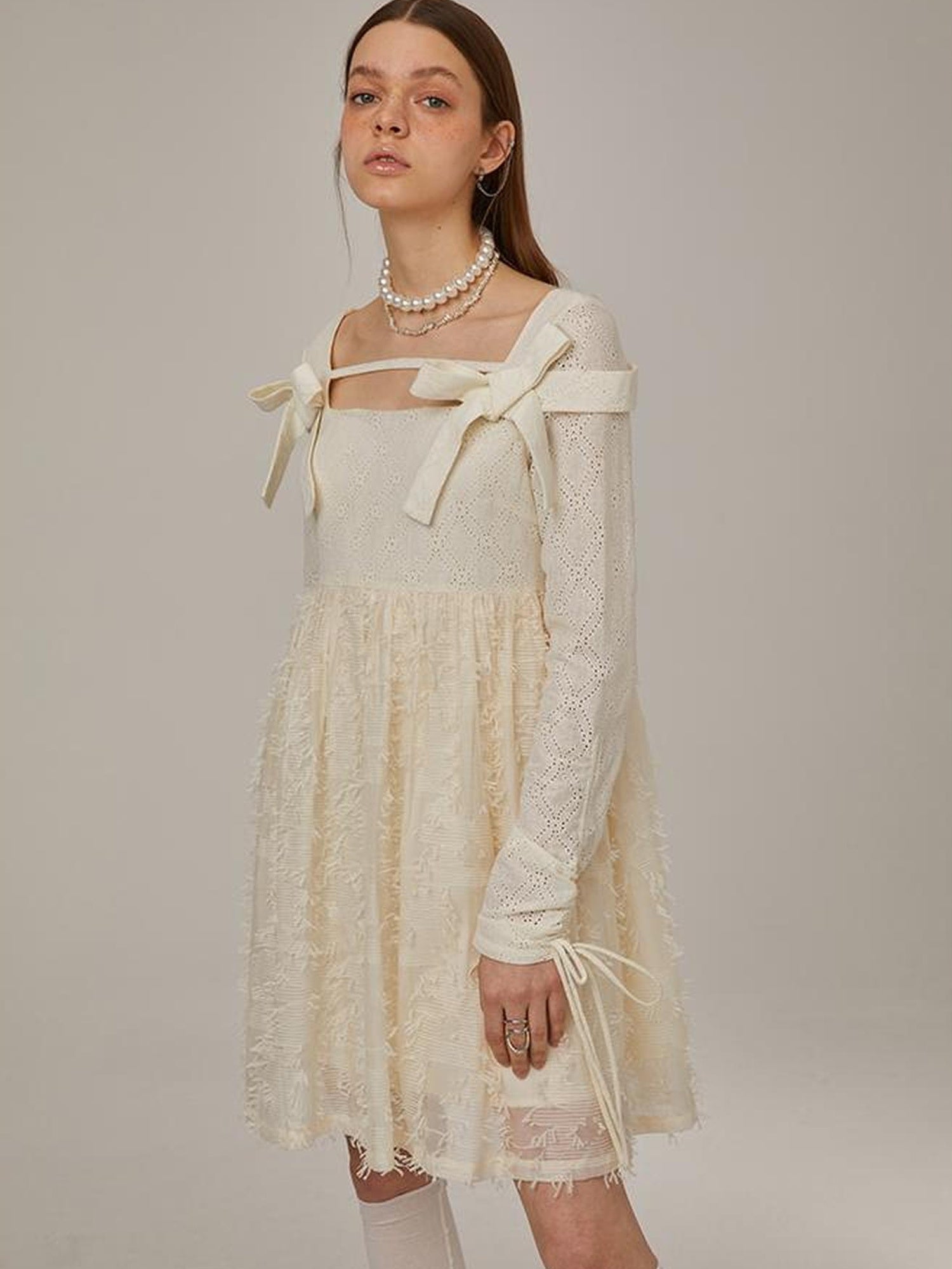 DIDDI MODA Lace Bow Checkered Spring Dress