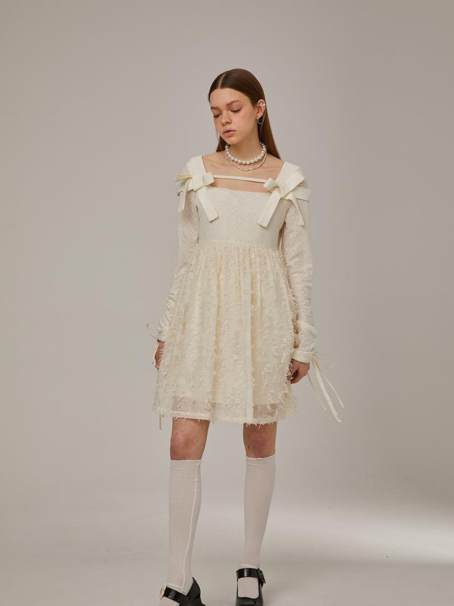 DIDDI MODA Lace Bow Checkered Spring Dress