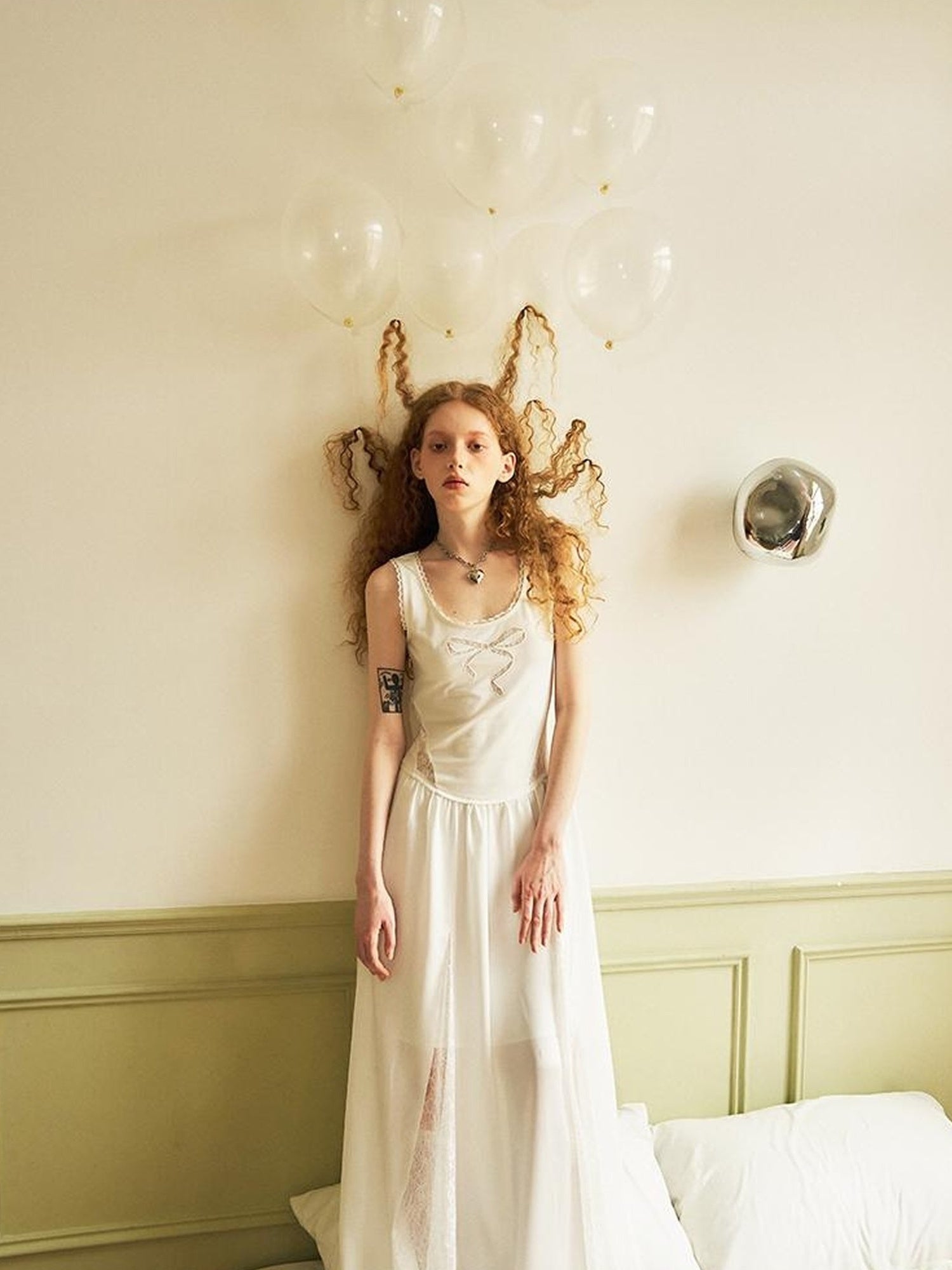 DIDDI MODA Lace Bow Embroidered A Line Dress With Slit Insert