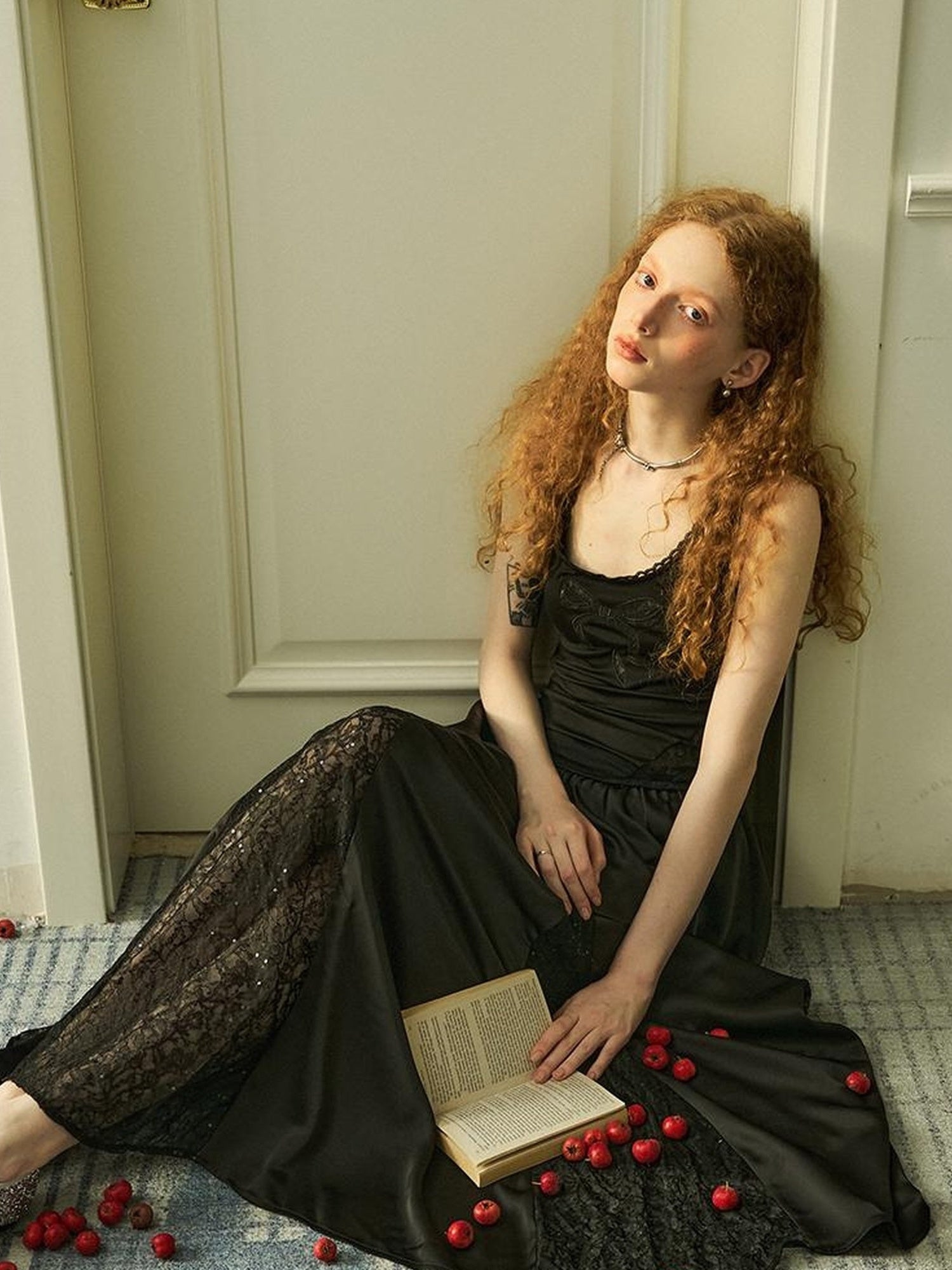 DIDDI MODA Lace Bow Embroidered A Line Dress With Slit Insert