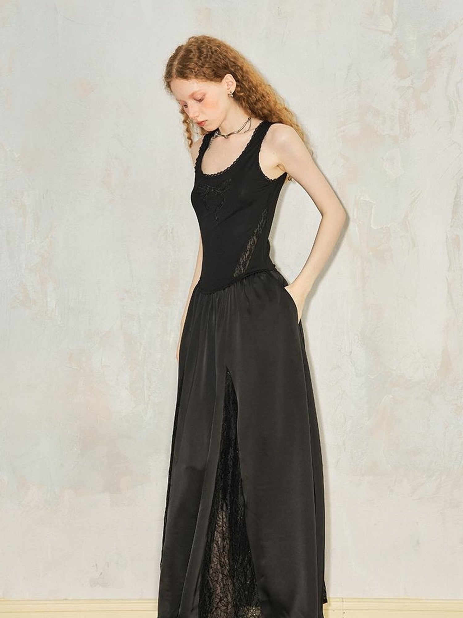 DIDDI MODA Lace Bow Embroidered A Line Dress With Slit Insert