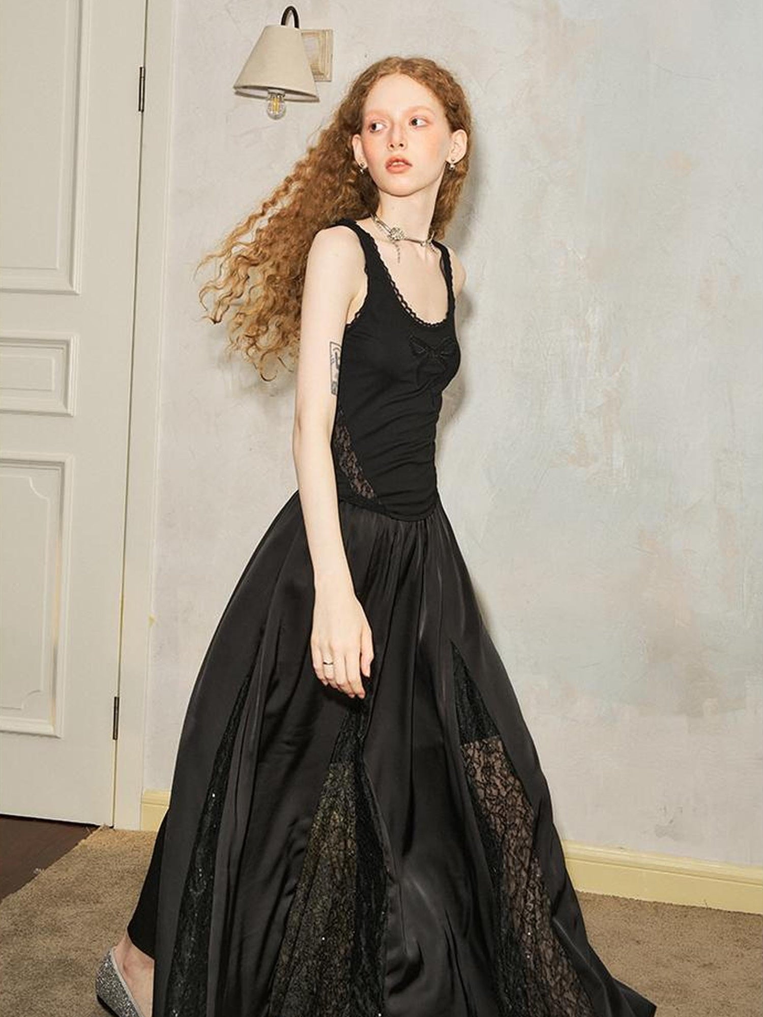 DIDDI MODA Lace Bow Embroidered A Line Dress With Slit Insert