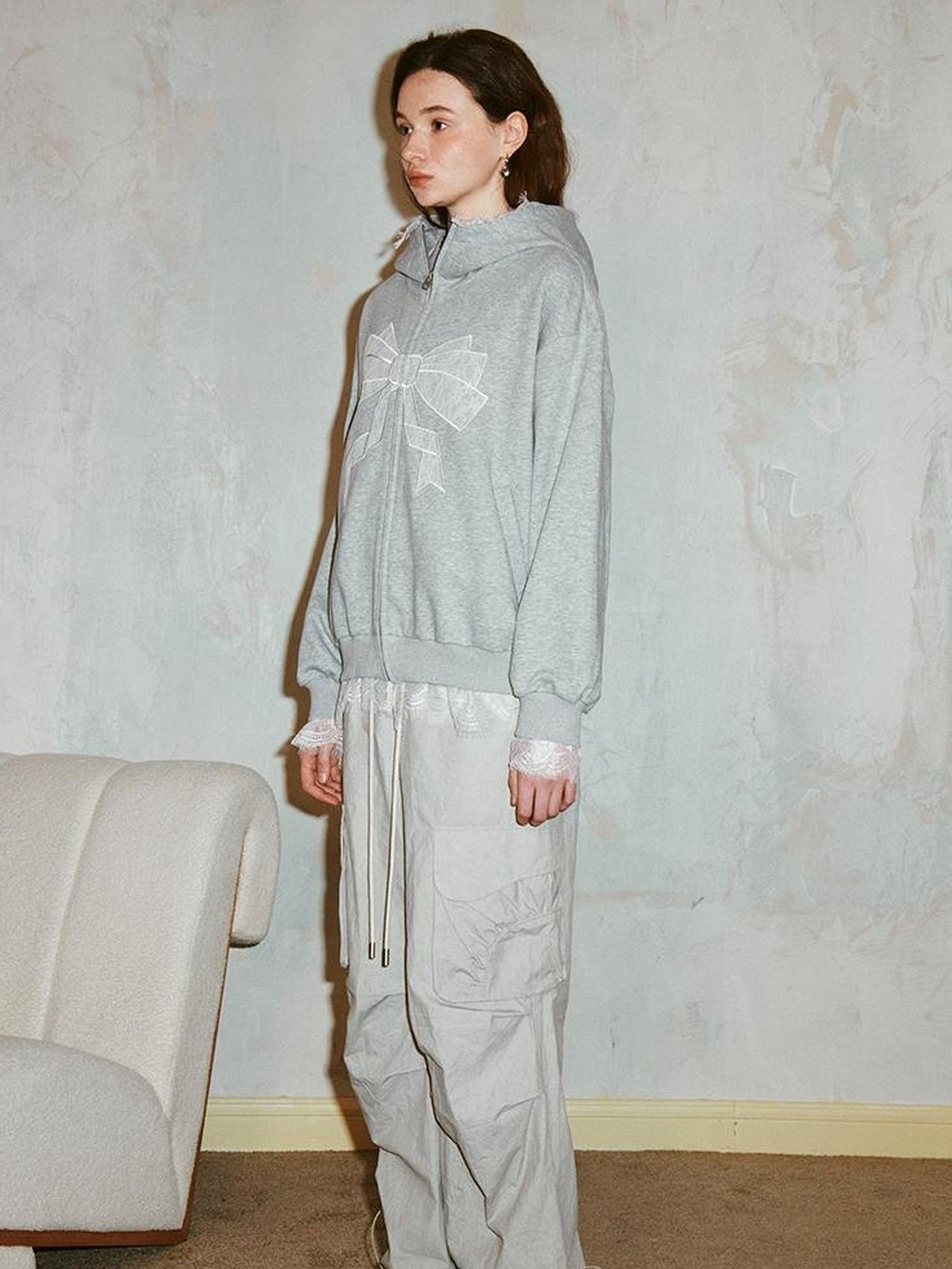 DIDDI MODA Lace Bow Gray Hoodie