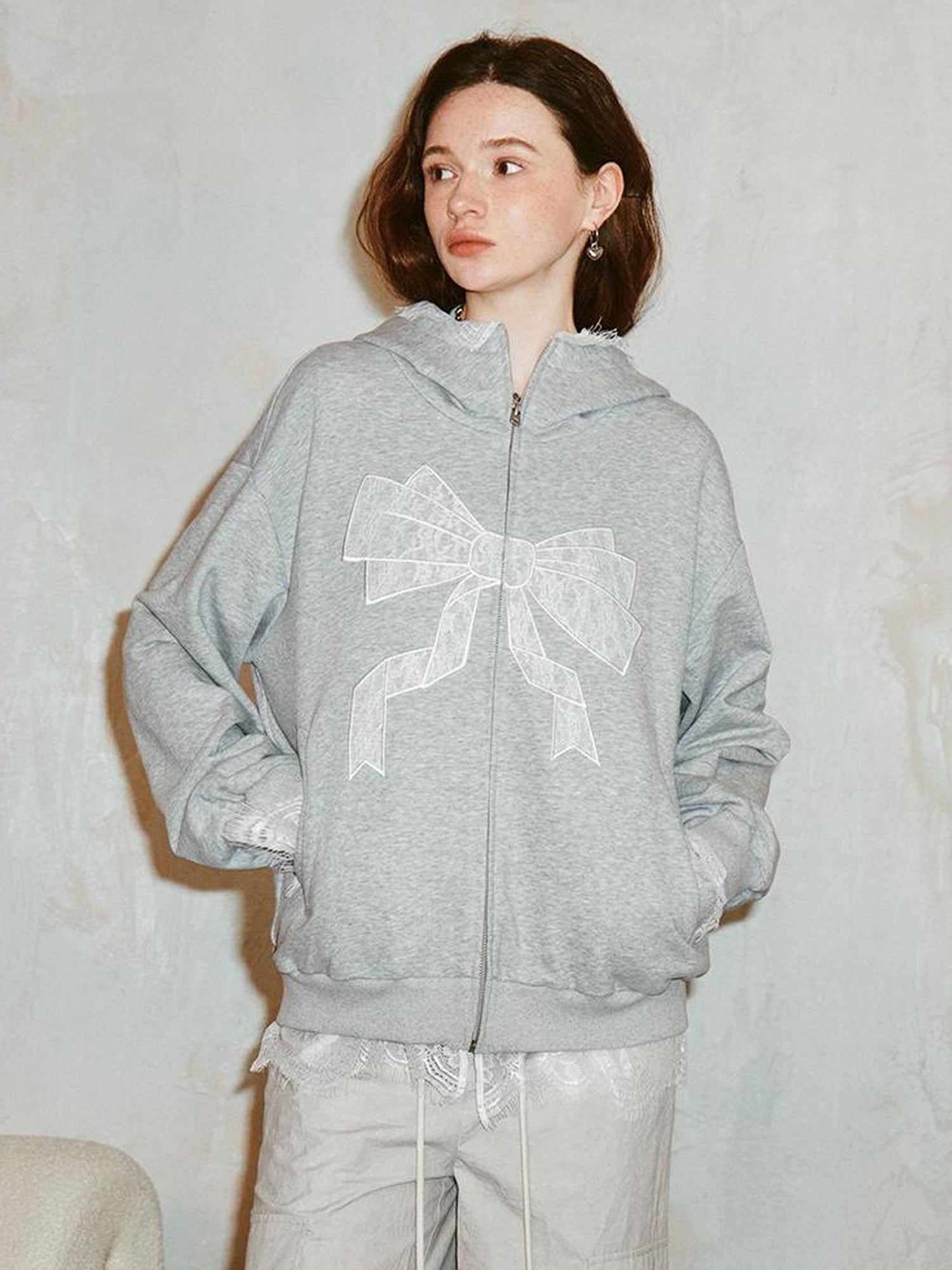 DIDDI MODA Lace Bow Gray Hoodie
