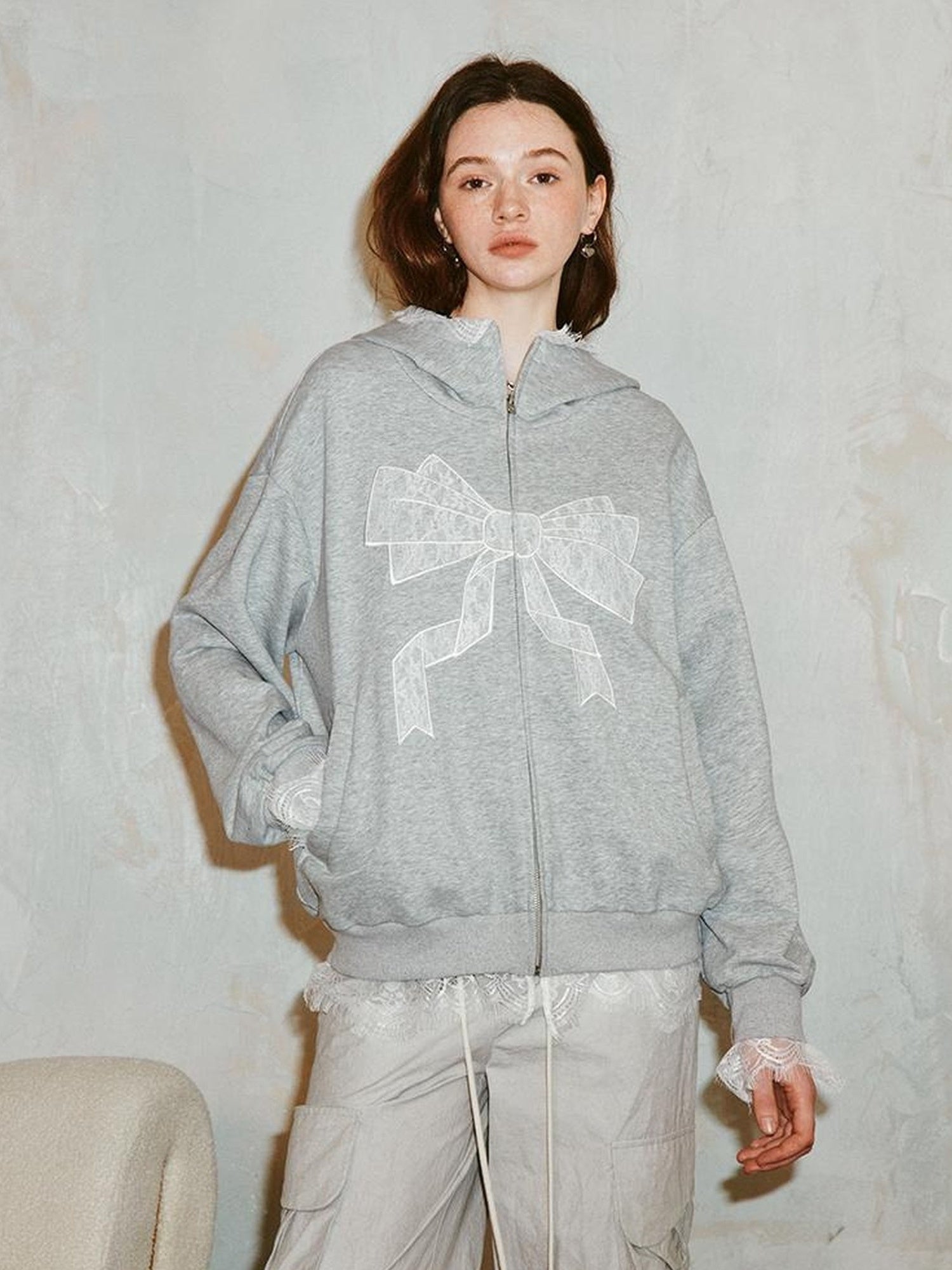 DIDDI MODA Lace Bow Gray Hoodie