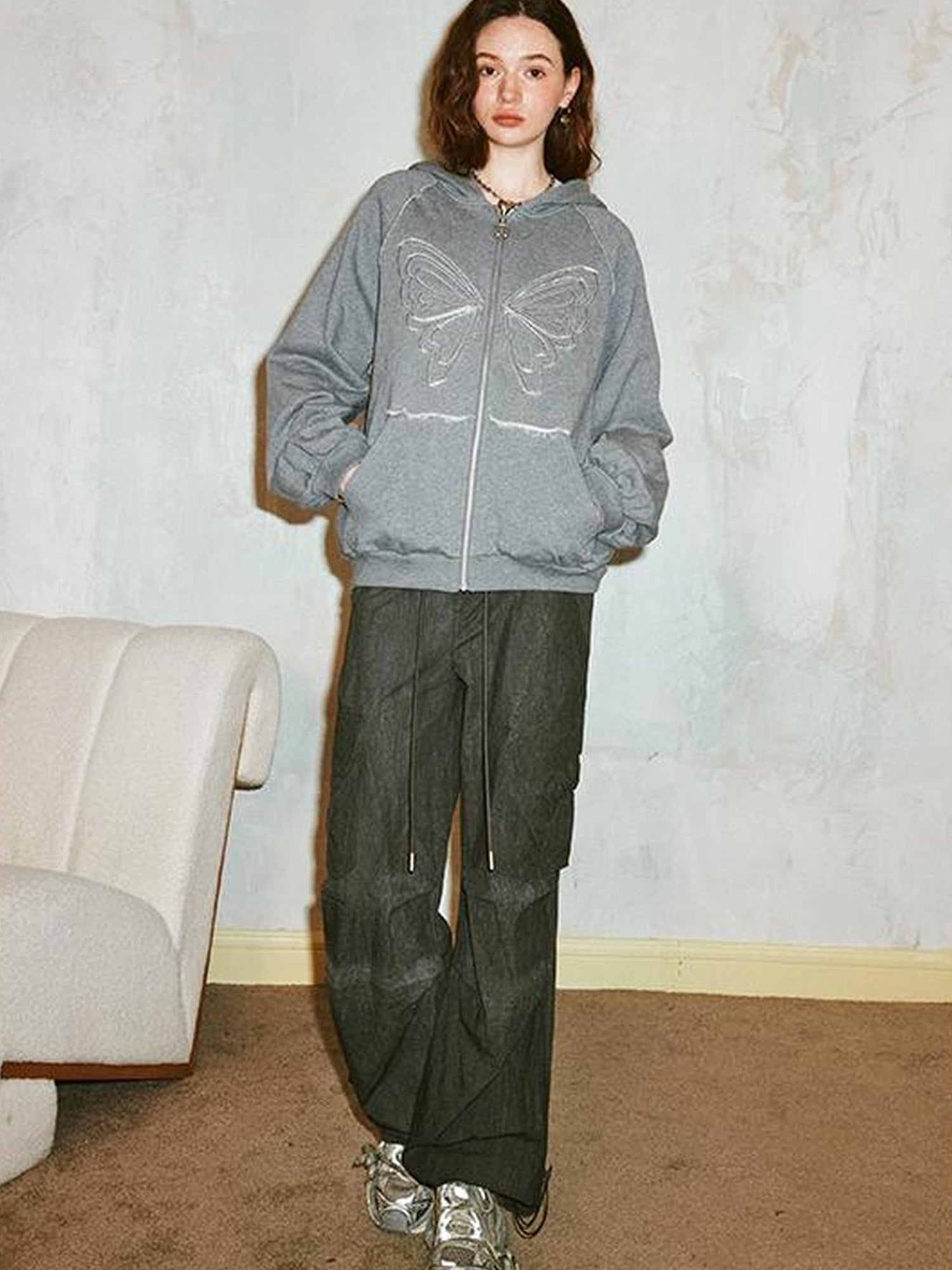 DIDDI MODA Lace Bow Gray Hoodie