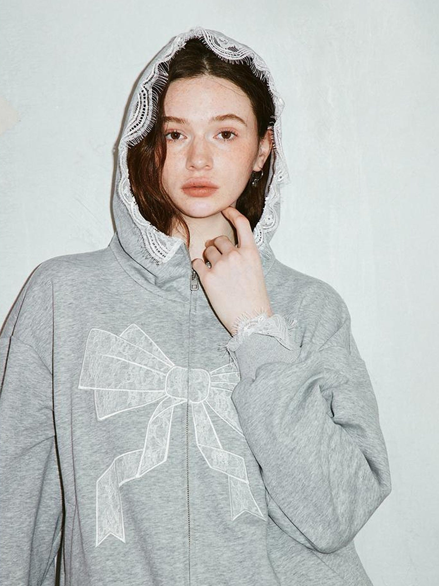 DIDDI MODA Lace Bow Gray Hoodie Sweatshirt Casual Oversized Top