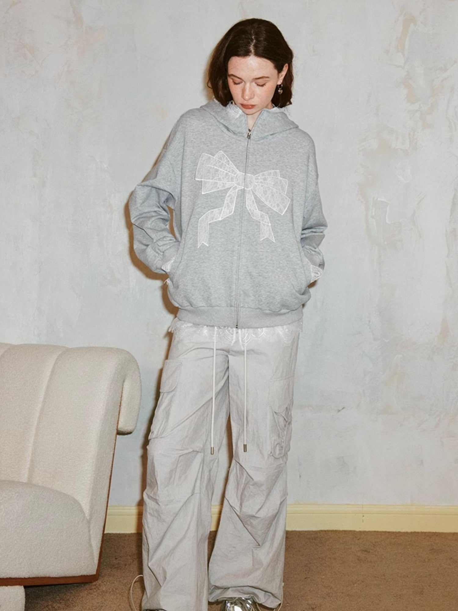 DIDDI MODA Lace Bow Gray Hoodie Sweatshirt Casual Oversized Top