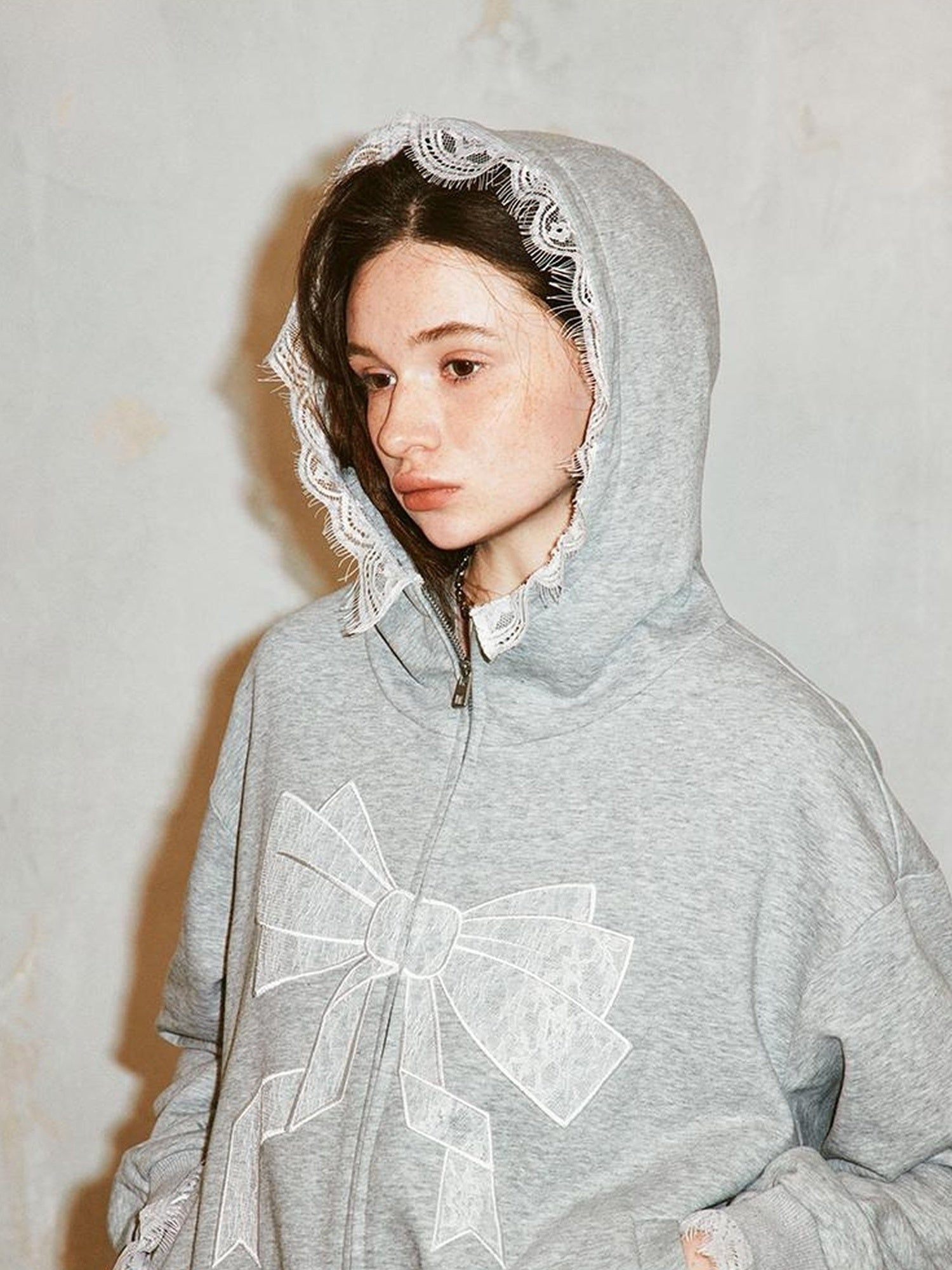 DIDDI MODA Lace Bow Gray Hoodie Sweatshirt Casual Oversized Top